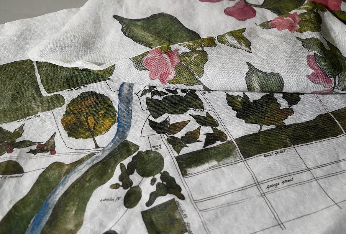 Nature inspired linen pillowcases - Mediterranean mallow florals, map design and Garrya silk tassel repeats 🌿🍃🌱#linen #bedding #textiles #digitalprint #nature #watercolour