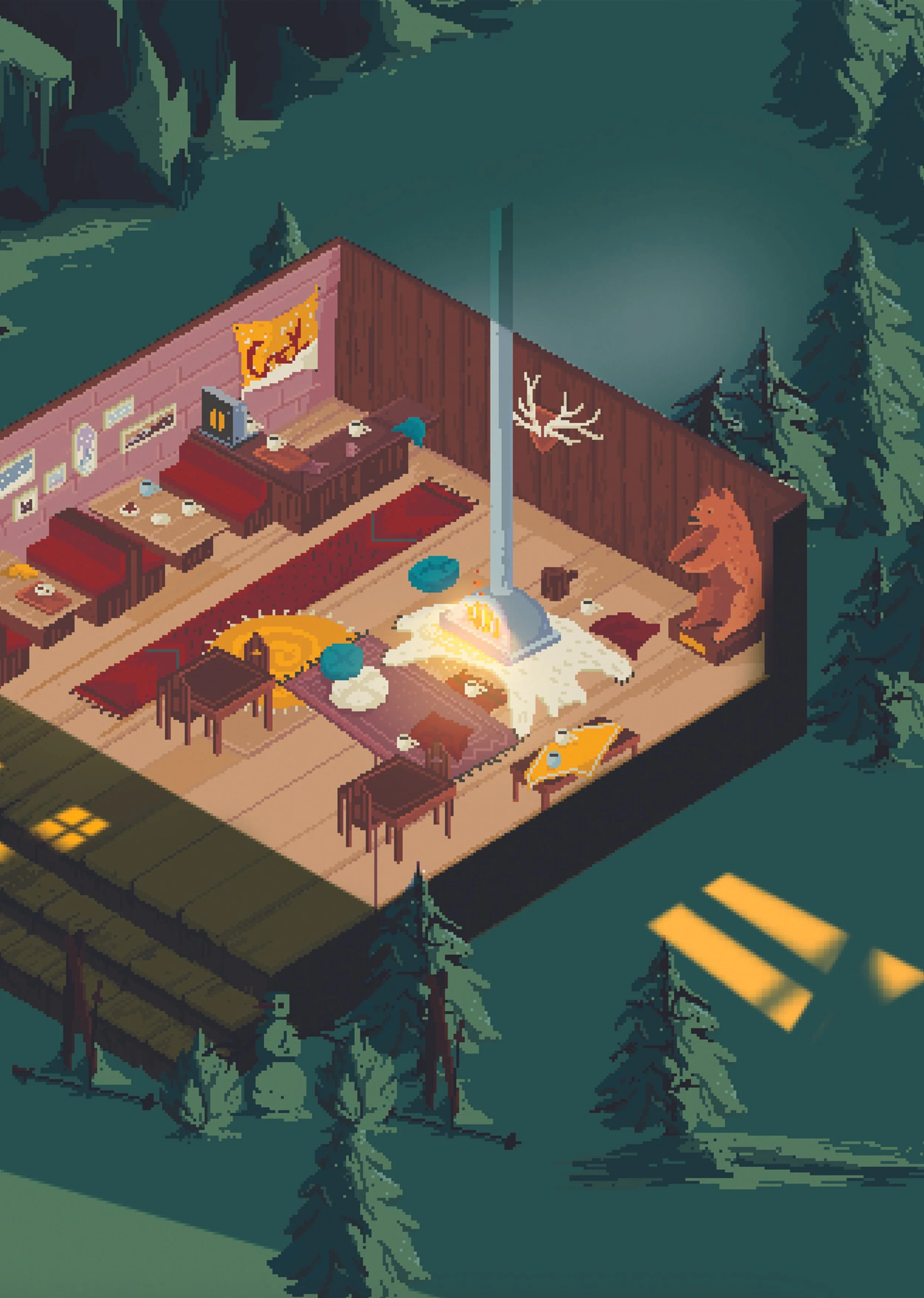 Geometric drawing of an outline square with sections divided by vertical, horizontal, and diagonal lines.