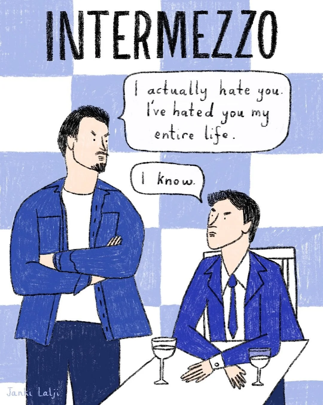 Captured the tension between Ivan and Peter - that one line says it all.

From Intermezzo by Sally Rooney 💙

#comicillustration #bookillustrations #intermezzo #sallyrooney