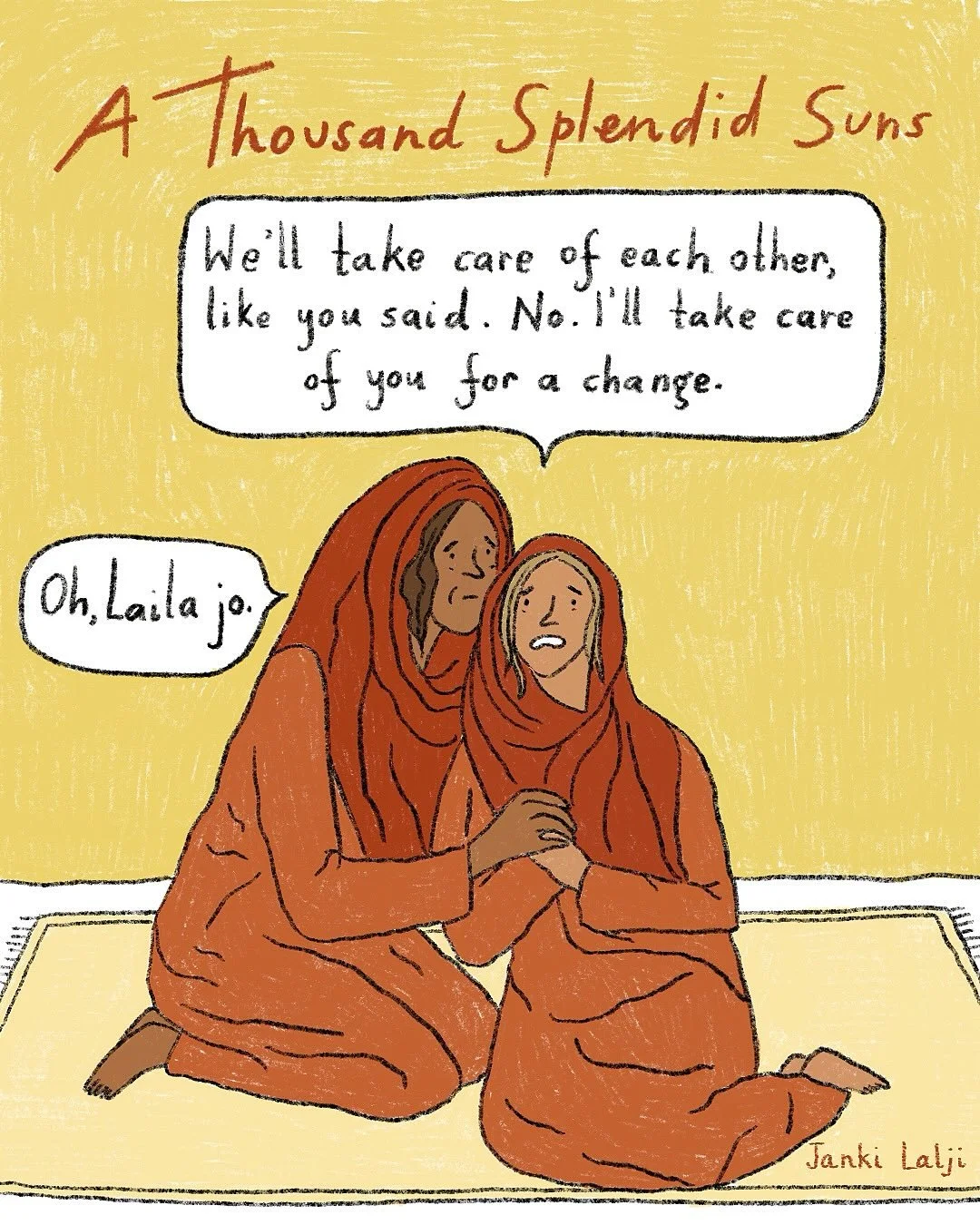 A scene I’ll never forget… Mariam and Laila, in the hardest of moments, holding each other through grief and love. I wanted to capture that quiet, heartbreaking connection in my illustration ๐ 
#athousandsplendidsuns #khaledhosseini #b