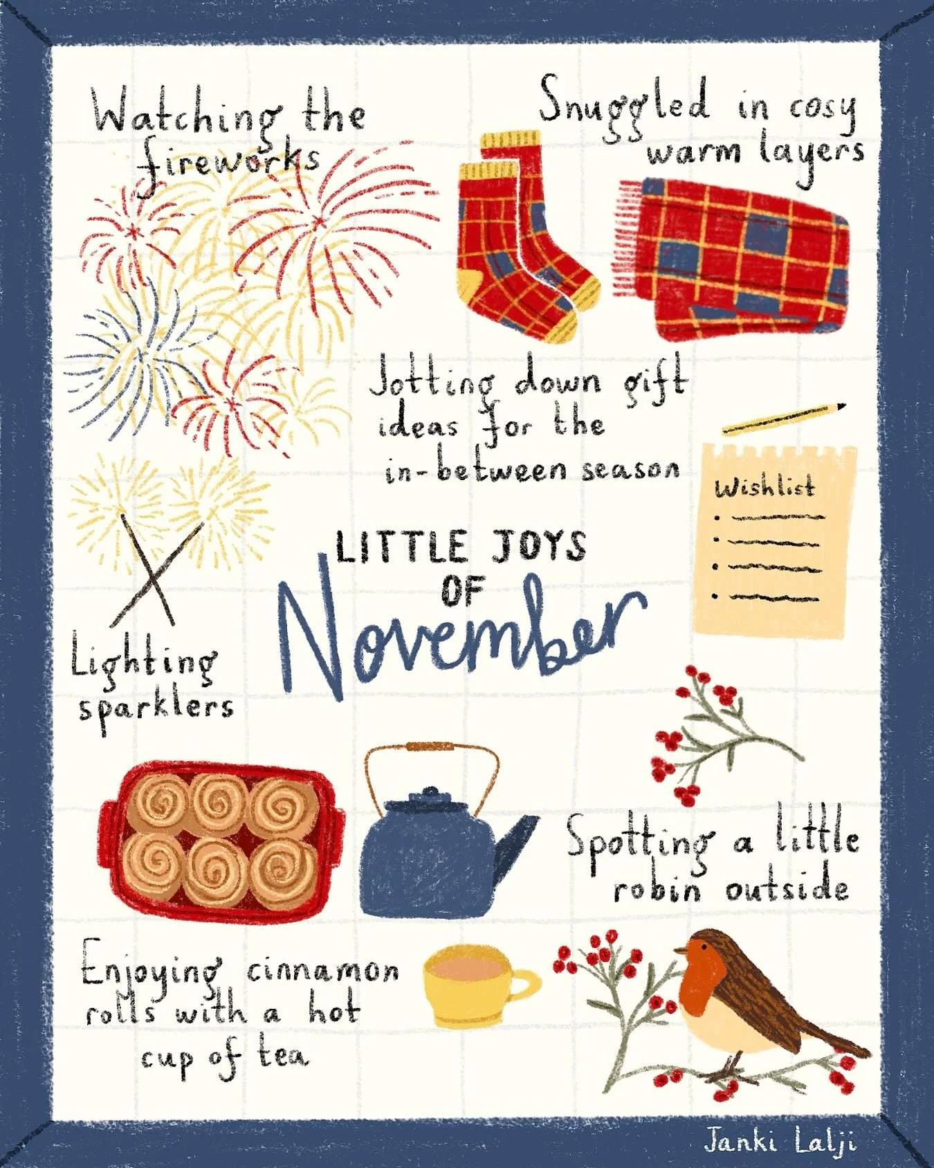 Little joys of November 💙 Cosy layers, hot tea, and sparkles in the sky 🎆 

#november #littlejoys #illustration