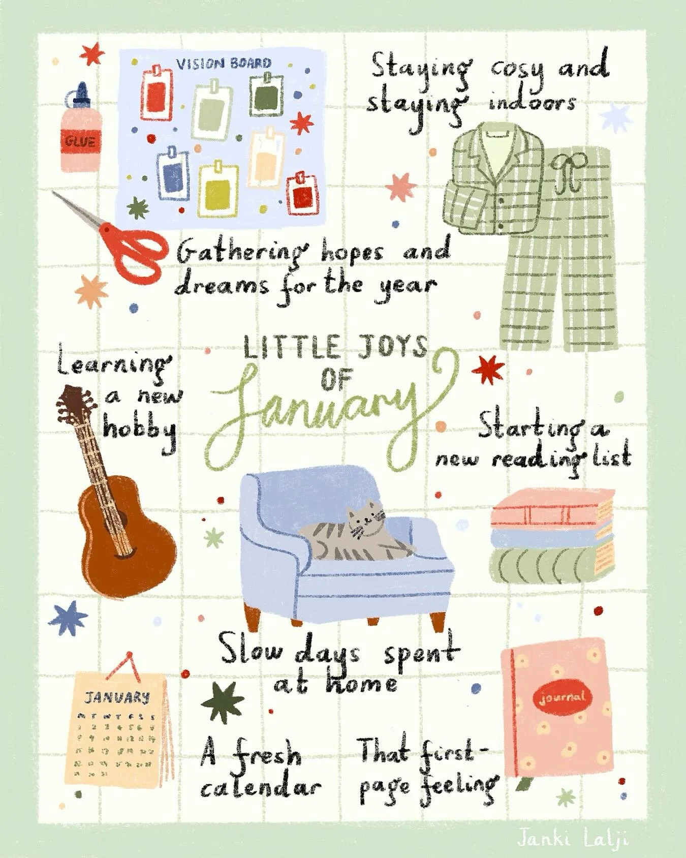 Little joys of January 🤍
Slow starts, quiet moments, and gentle beginnings 🌟☕️🐈💖

#littlejoys #januaryillustration #seasonalart #cosyaesthetic #illustratorsofinstagram #digitalillustration #slowliving #gentlebeginnings #wintervibes #illustrationa