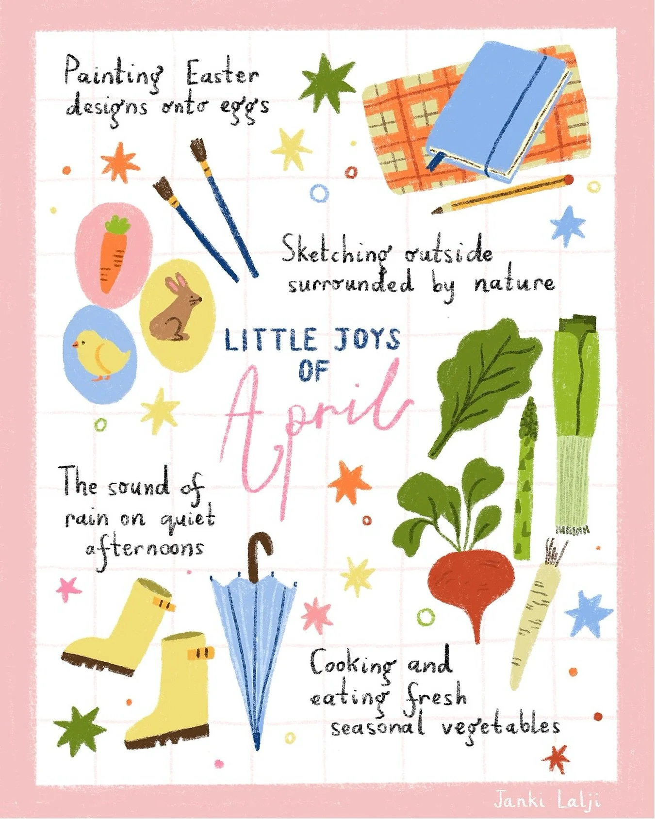 a mix of sunshine, rain, and slower days - loved creating this month&rsquo;s little joys 🌿✨🎨🌸🌧️🥕 #procreateart #procreatedrawing #april #digitalillustration #spring