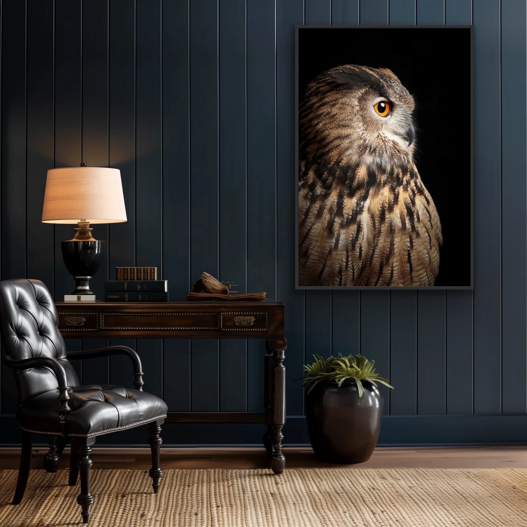 Decorative interior with a dark blue paneled wall, a large framed owl photograph, a classic black and wood desk with ornate detailing, a black and wood table lamp, a tufted black leather armchair, a stack of books, a plant in a dark ceramic pot, and a patterned beige rug.