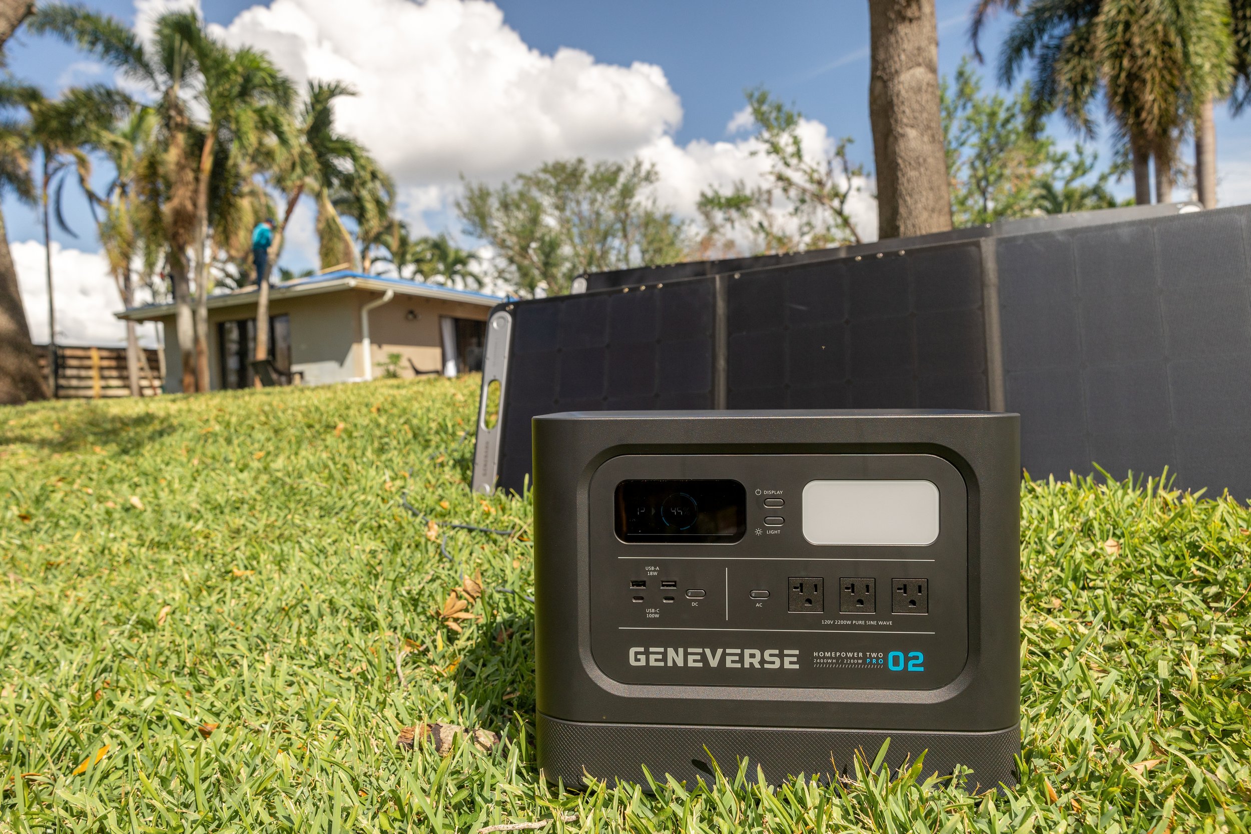 Genniverse Solar power generator in back yard after Hurricane Ian damage in Fort Lauderdale, Florida