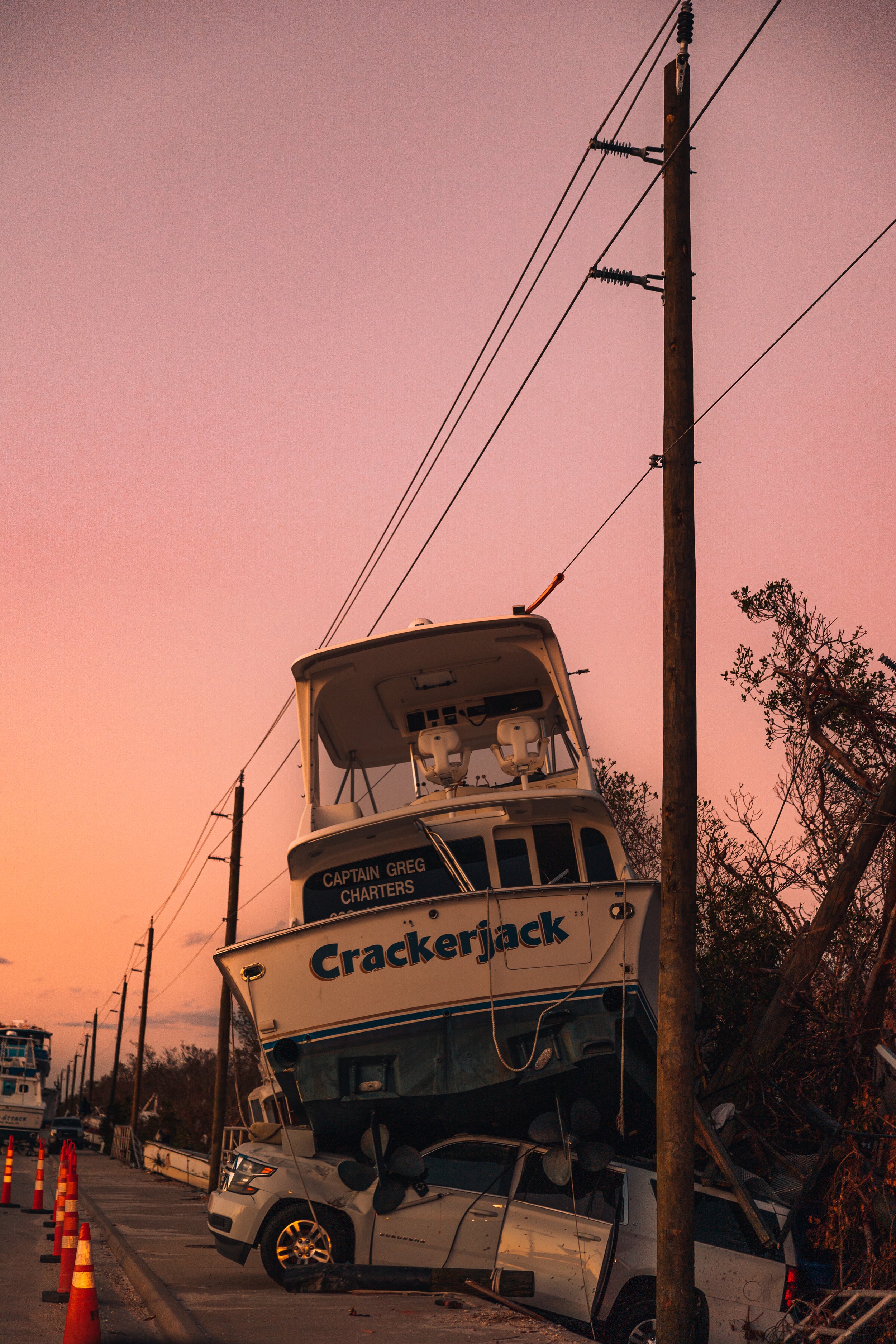 Yacht on top of boat after Hurricane Ian damage in Fort Lauderdale, Florida