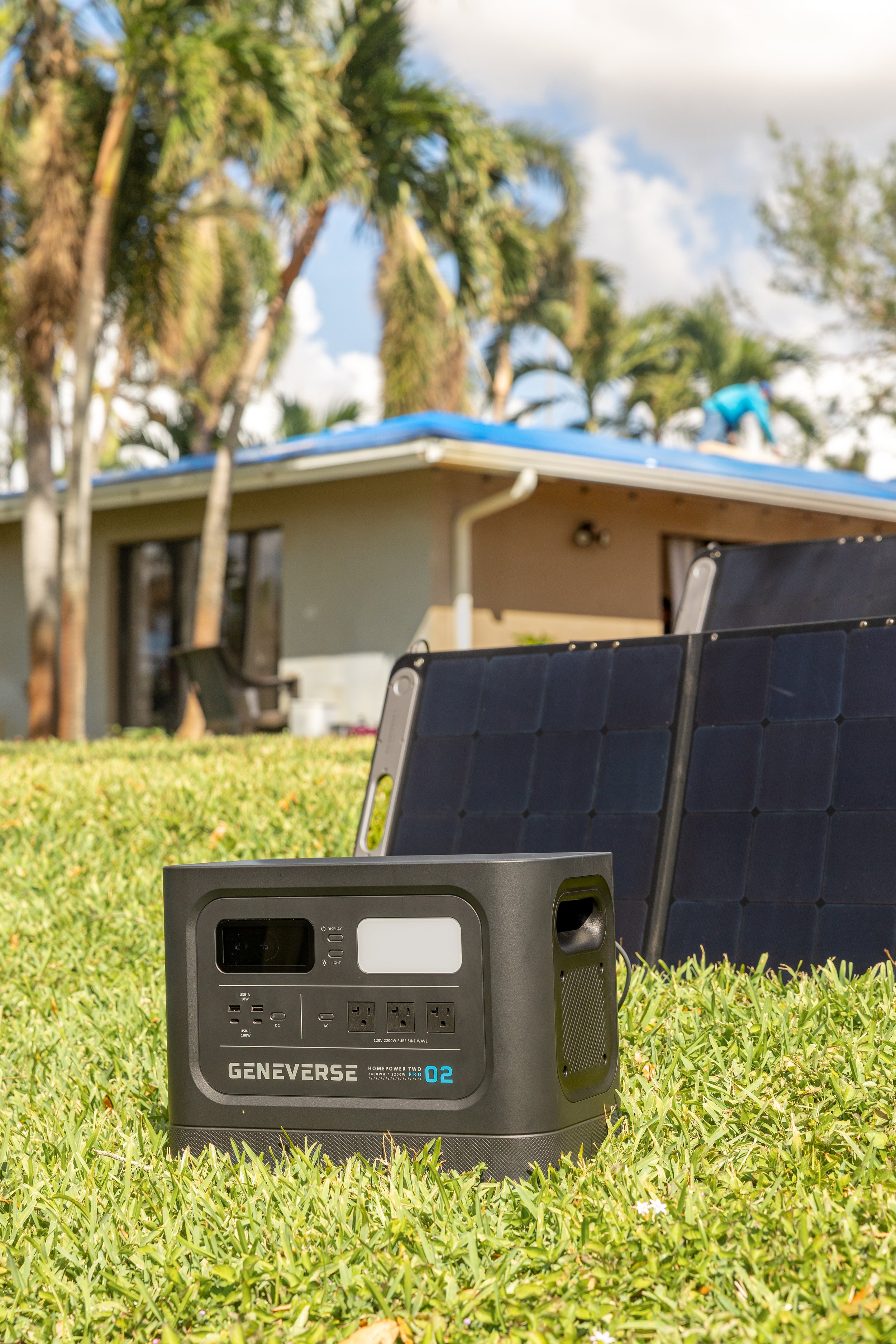 Genniverse Solar power generator in back yard after Hurricane Ian damage in Fort Lauderdale, Florida