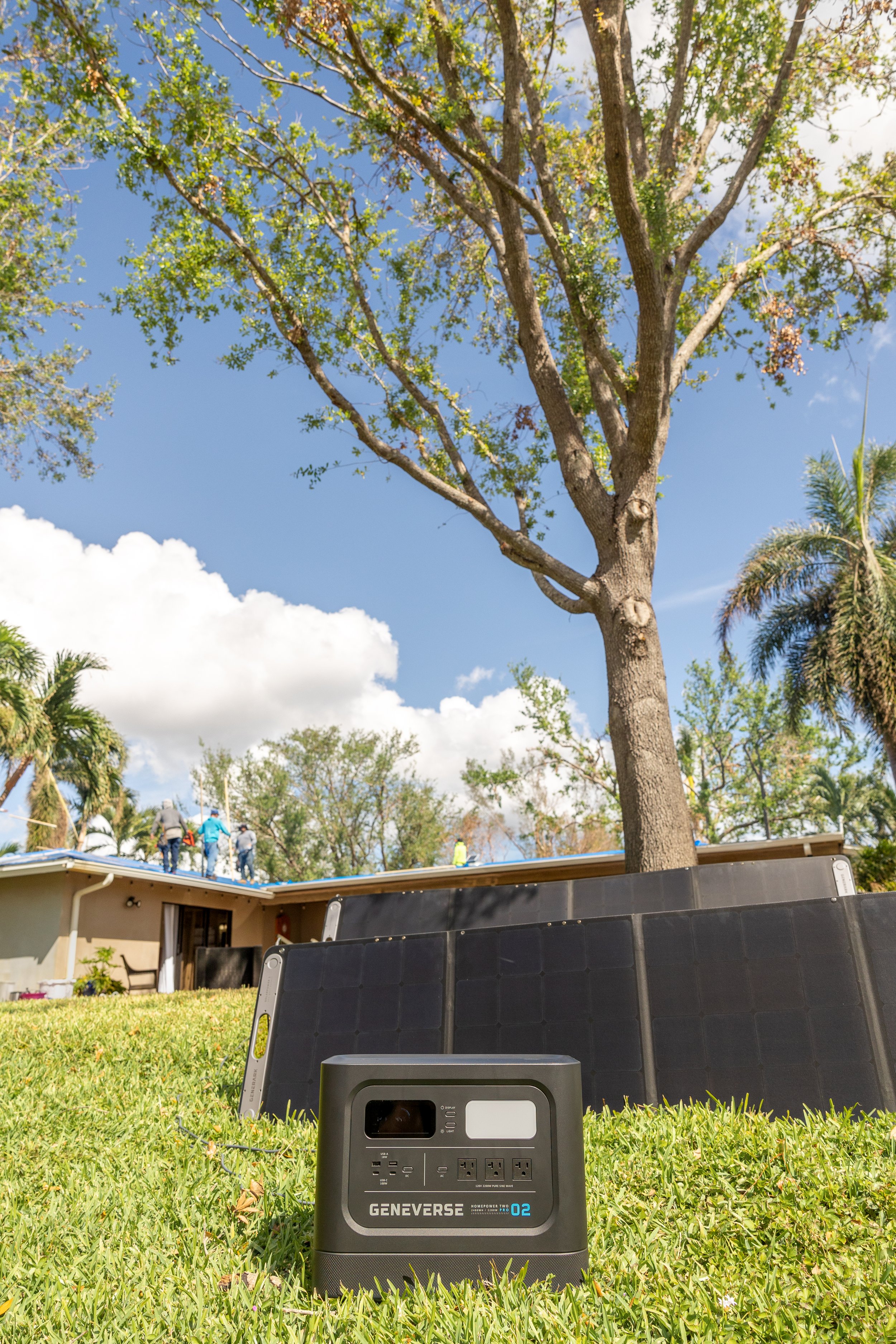 Genniverse Solar power generator in back yard after Hurricane Ian damage in Fort Lauderdale, Florida