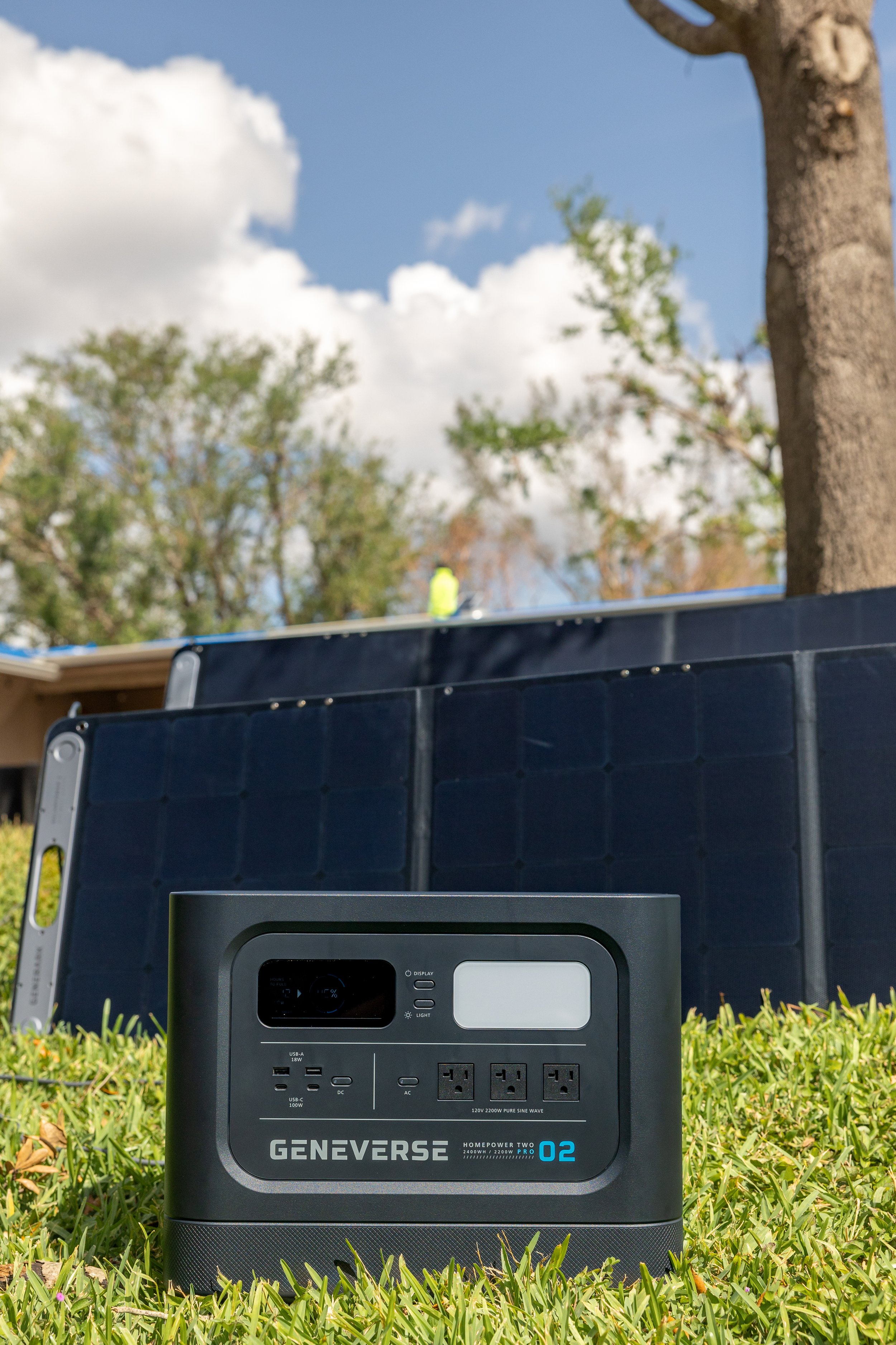 Genniverse Solar power generator in back yard after Hurricane Ian damage in Fort Lauderdale, Florida
