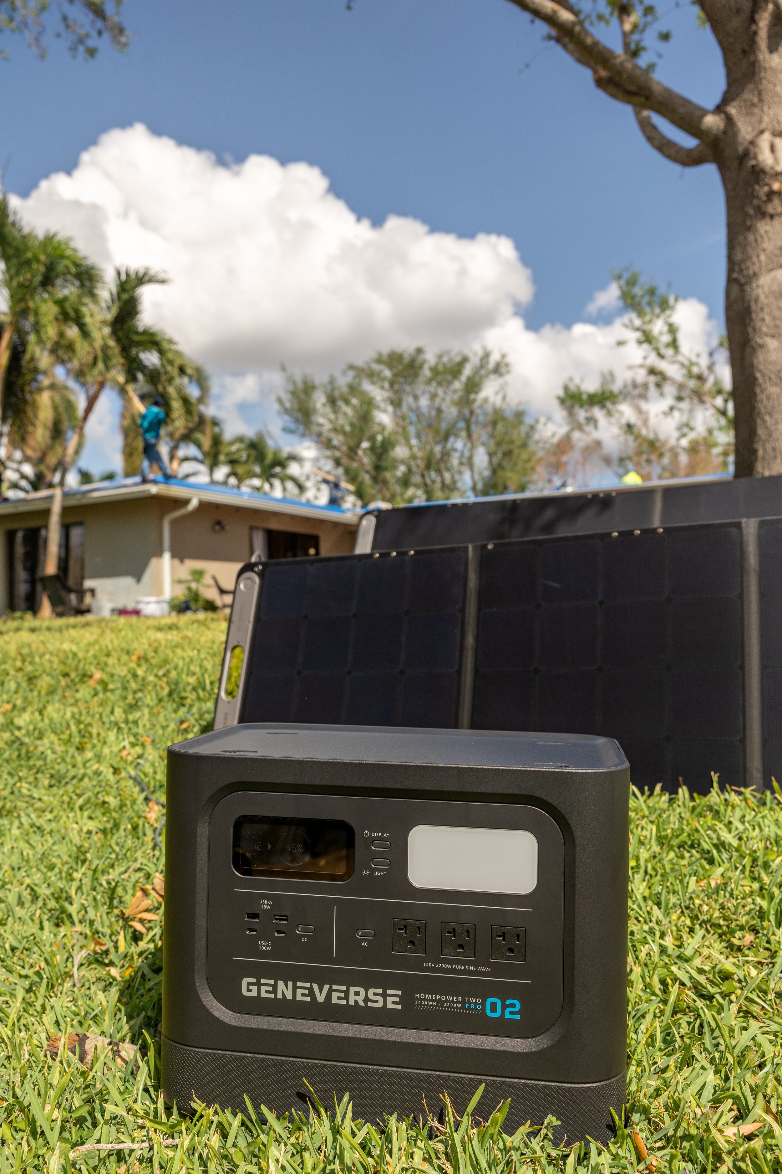 Genniverse Solar power generator in back yard after Hurricane Ian damage in Fort Lauderdale, Florida