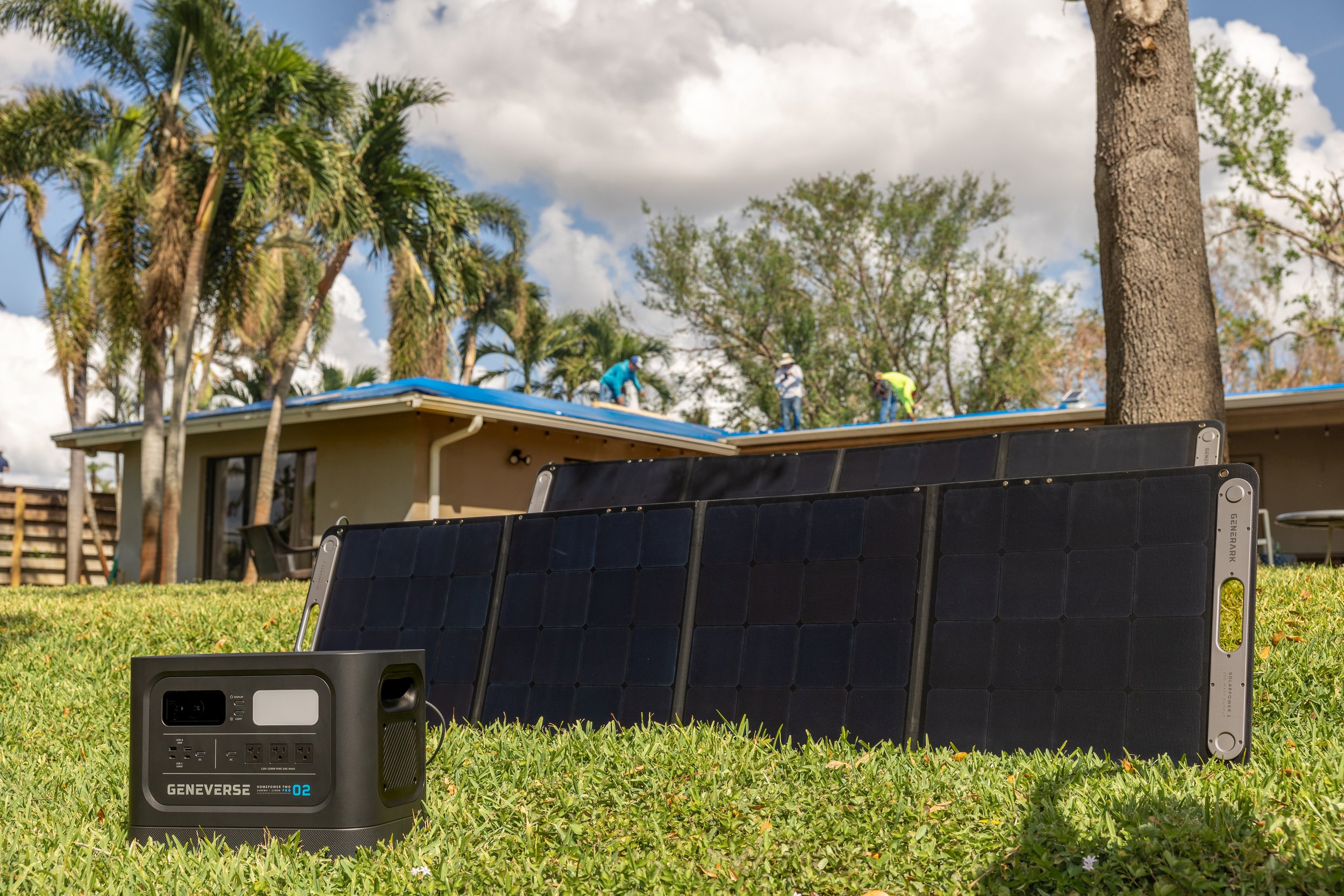Genniverse Solar power generator in back yard after Hurricane Ian damage in Fort Lauderdale, Florida