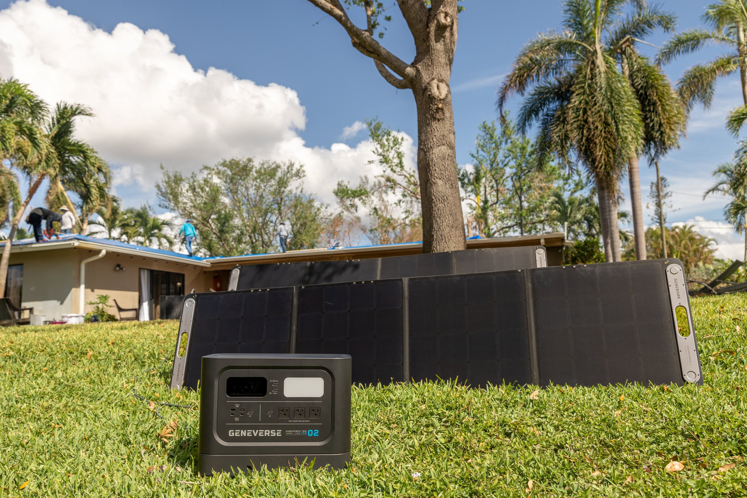 Genniverse Solar power generator in back yard after Hurricane Ian damage in Fort Lauderdale, Florida