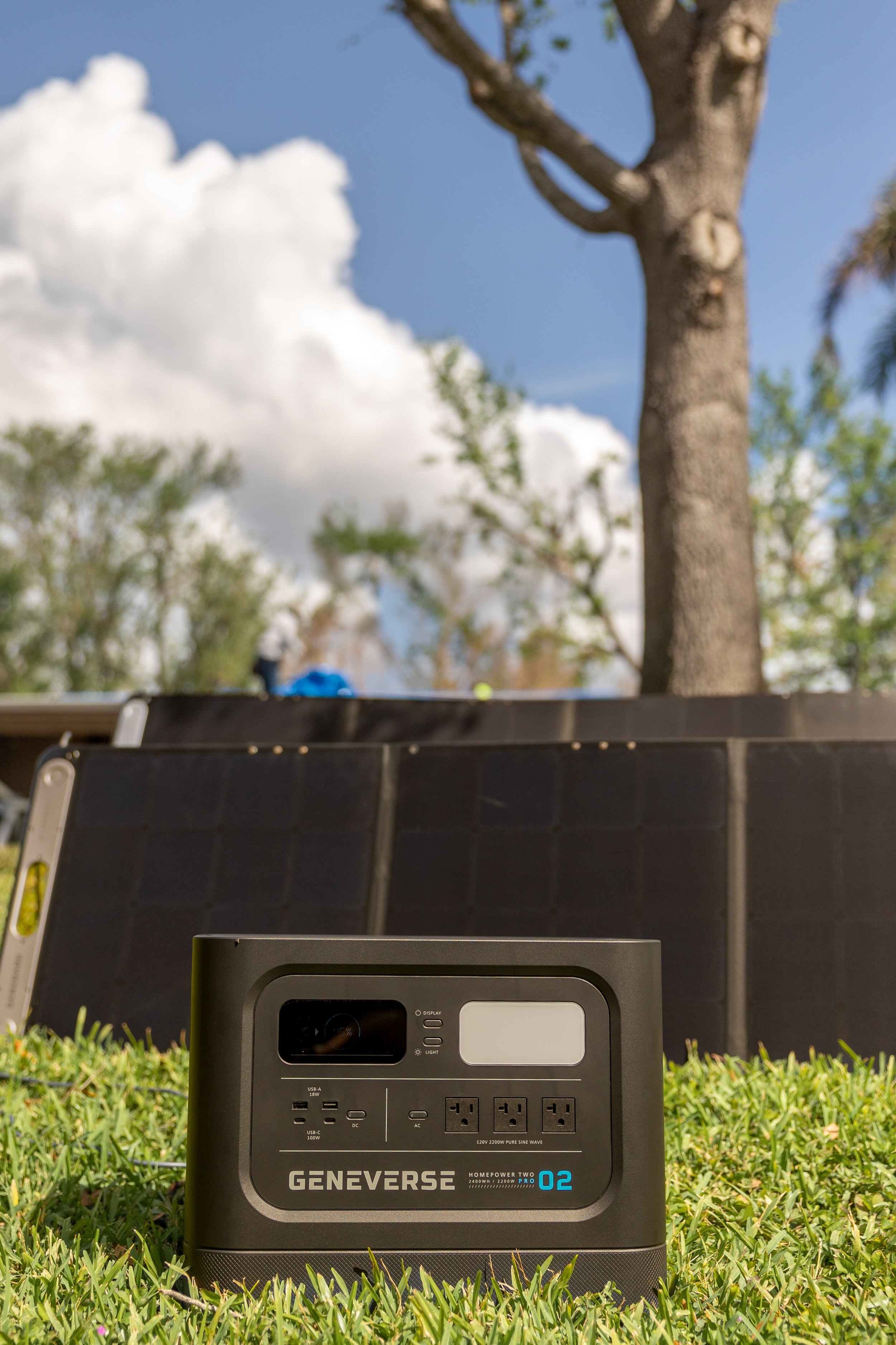 Genniverse Solar power generator in back yard after Hurricane Ian damage in Fort Lauderdale, Florida
