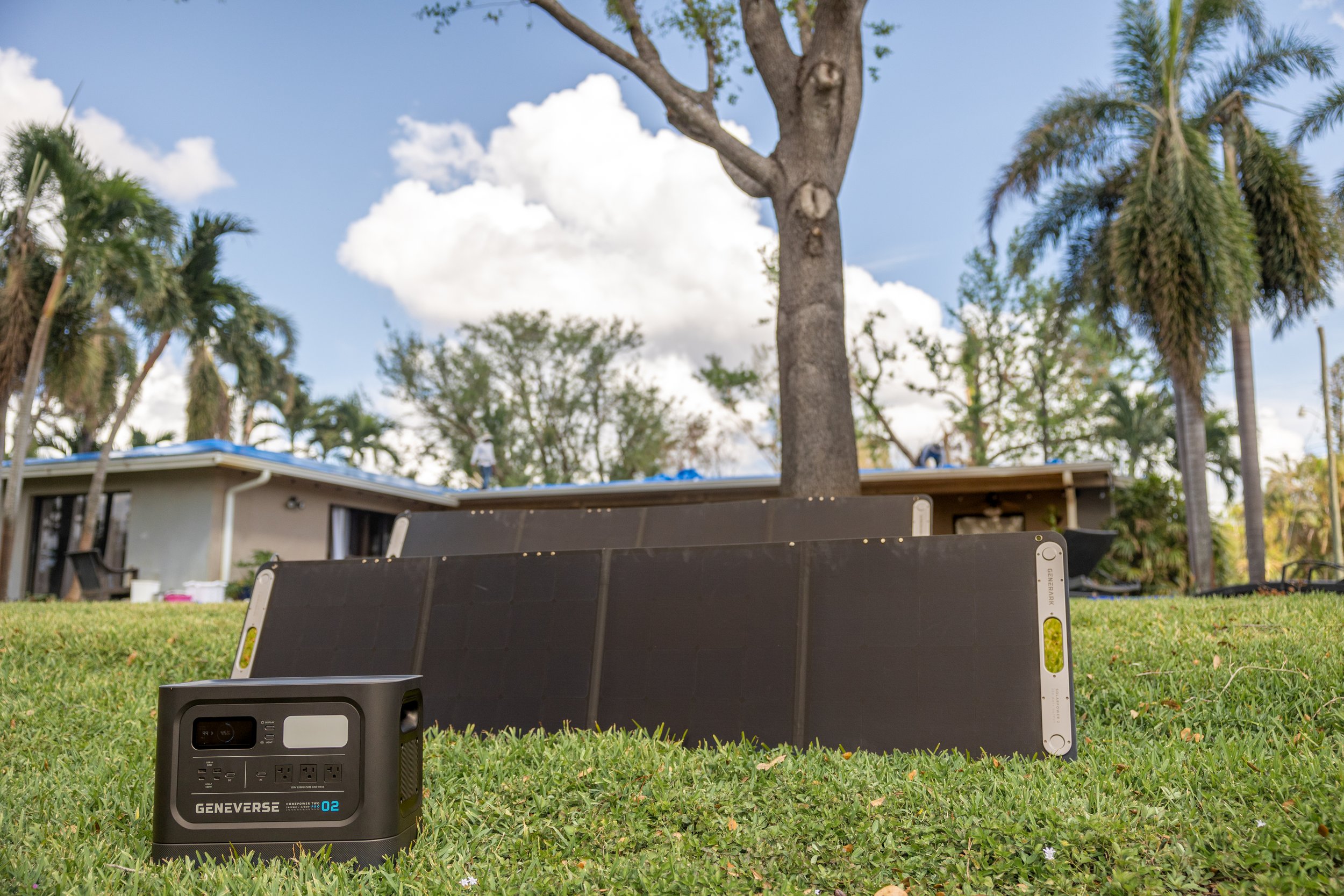 Genniverse Solar power generator in back yard after Hurricane Ian damage in Fort Lauderdale, Florida