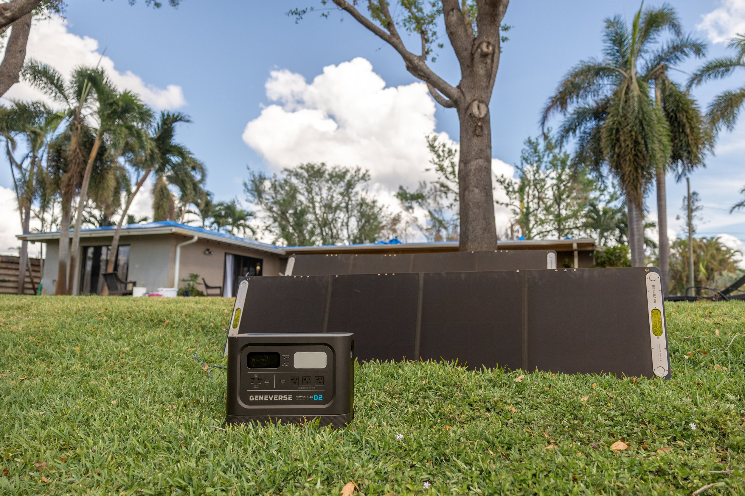 Genniverse Solar power generator in back yard after Hurricane Ian damage in Fort Lauderdale, Florida