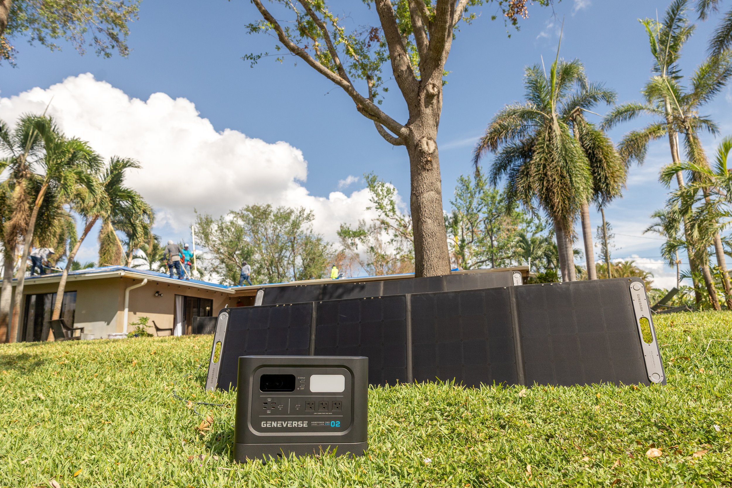 Genniverse Solar power generator in back yard after Hurricane Ian damage in Fort Lauderdale, Florida