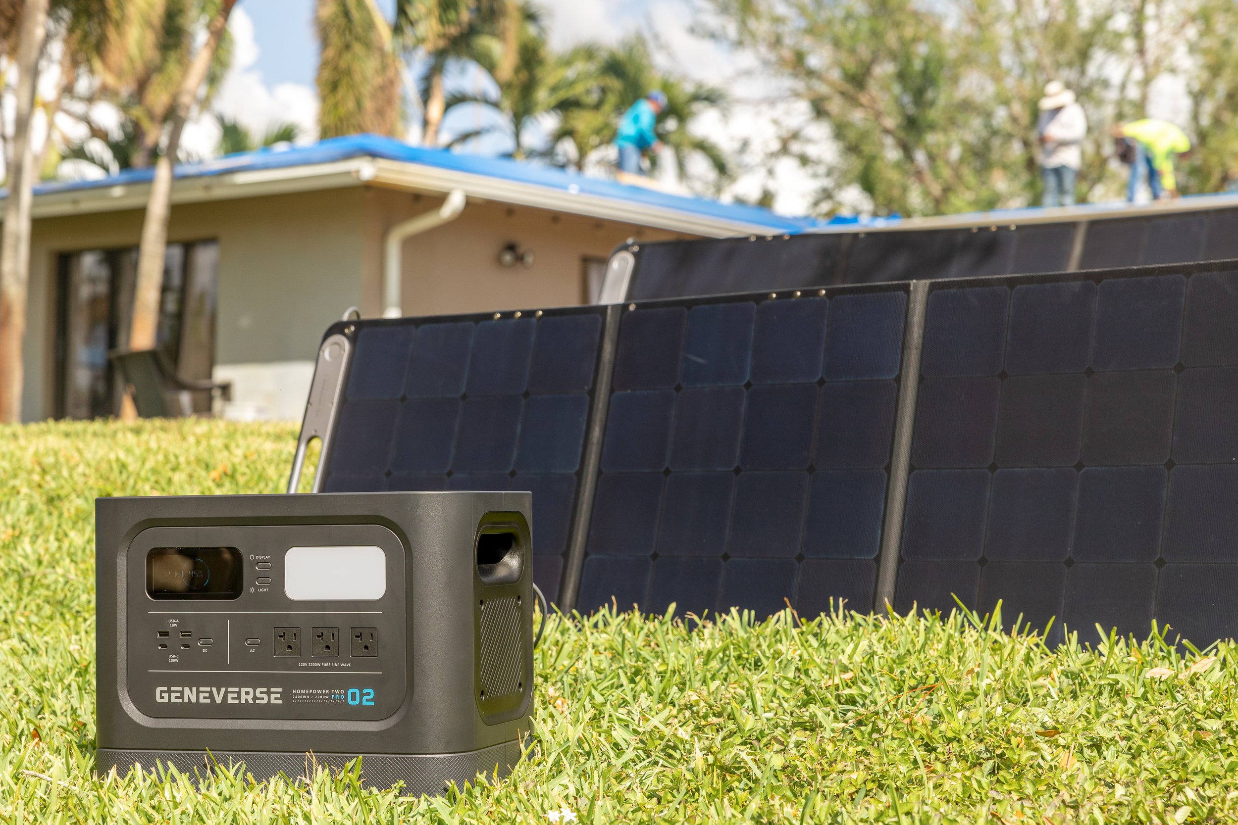 Genniverse Solar power generator in back yard after Hurricane Ian damage in Fort Lauderdale, Florida