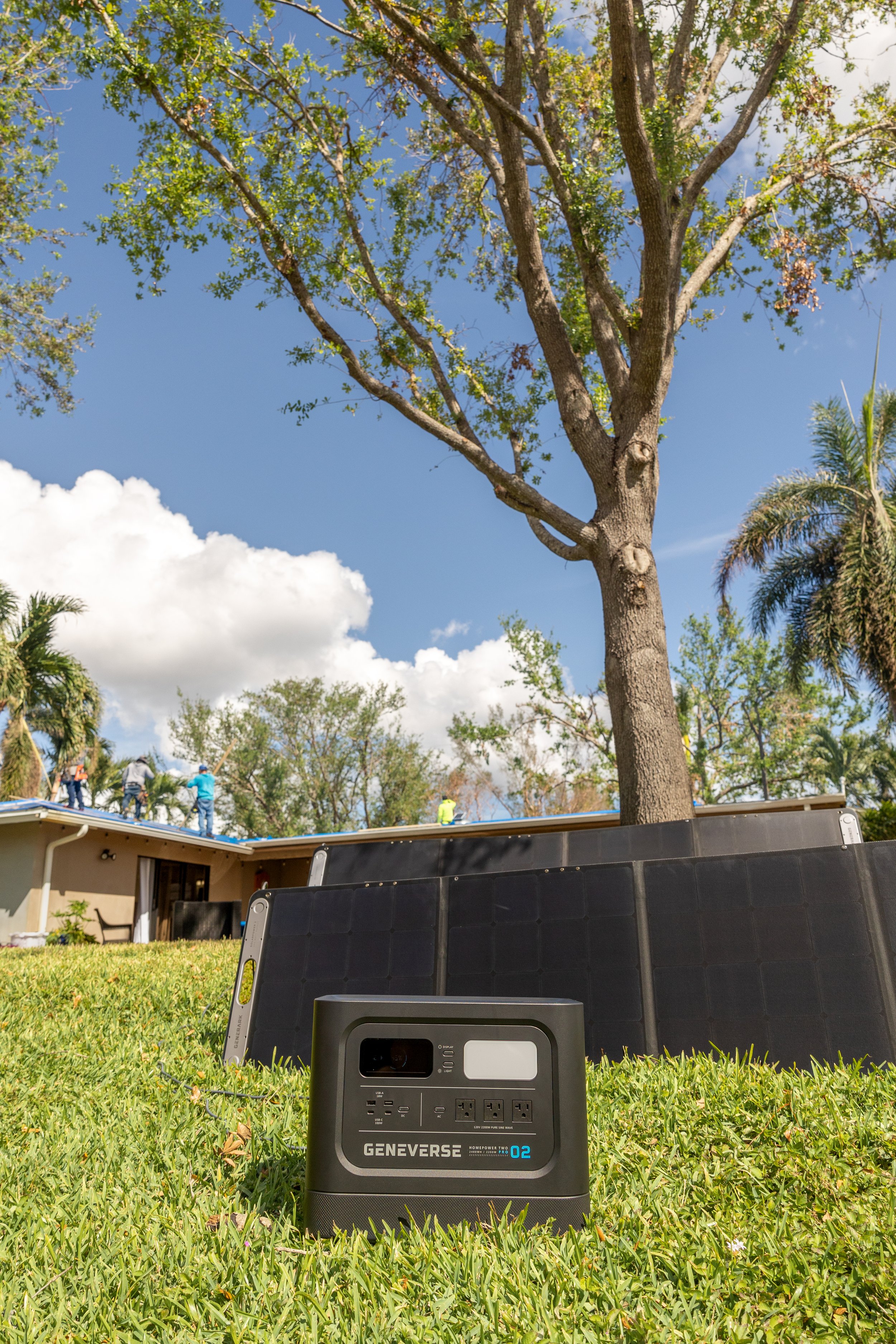 aGenniverse Solar power generator in back yard after Hurricane Ian damage in Fort Lauderdale, Florida