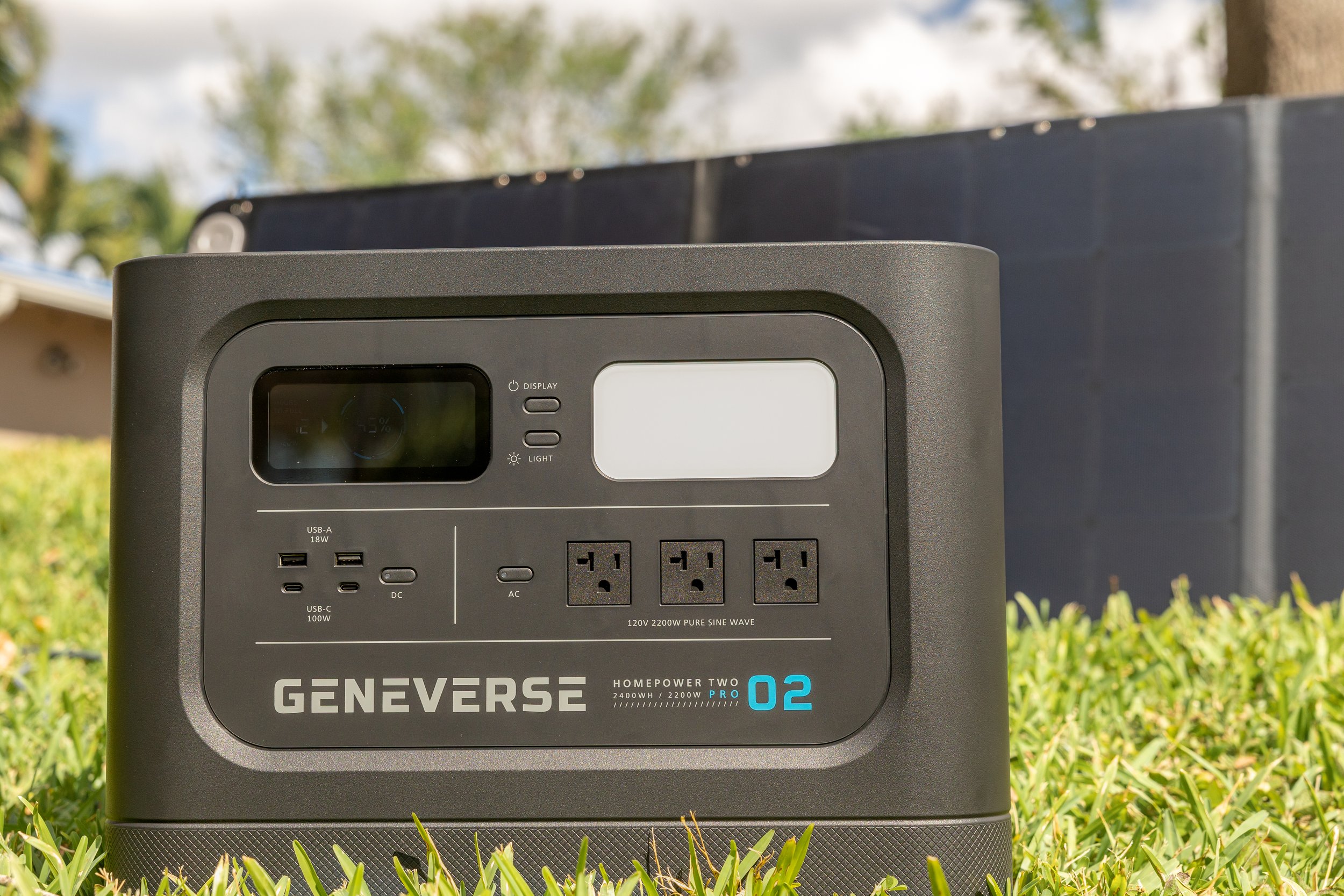 Genniverse Solar power generator in back yard after Hurricane Ian damage in Fort Lauderdale, Florida