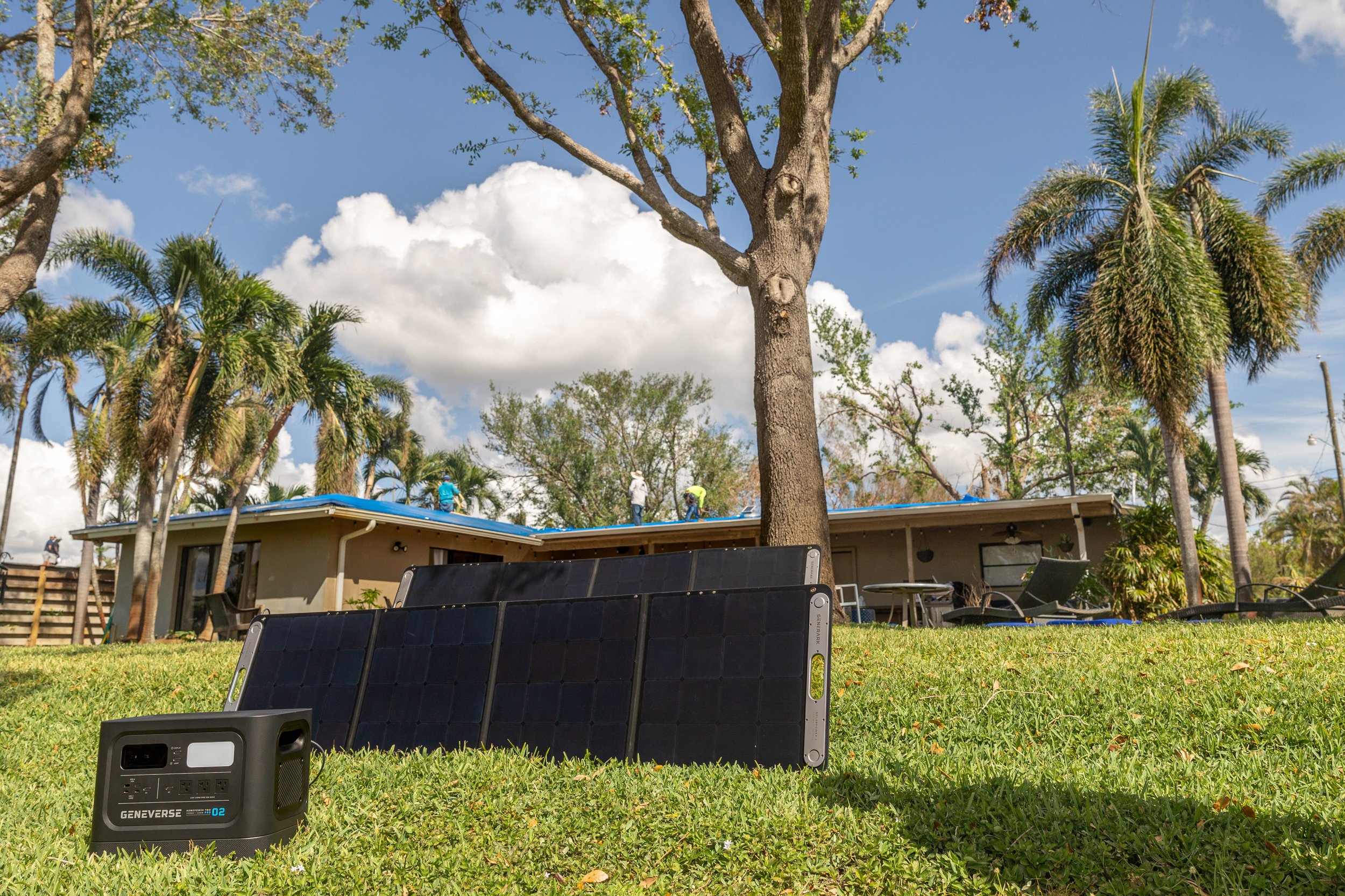Genniverse Solar power generator in back yard after Hurricane Ian damage in Fort Lauderdale, Florida