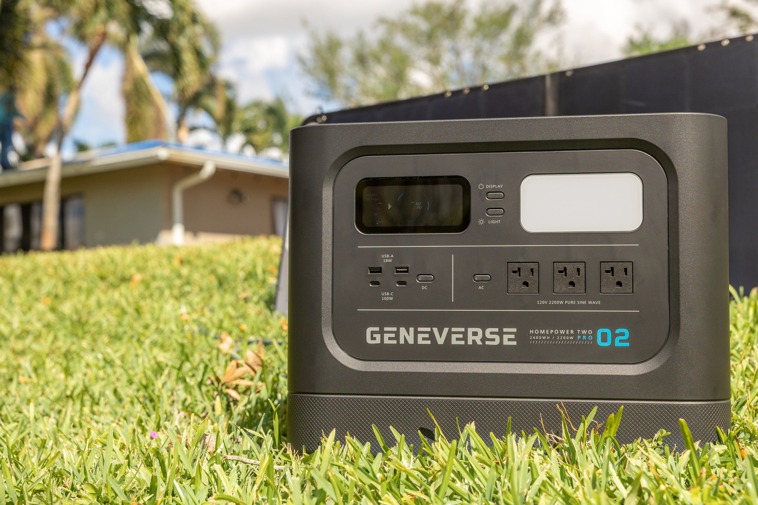 Genniverse Solar power generator in back yard after Hurricane Ian damage in Fort Lauderdale, Florida