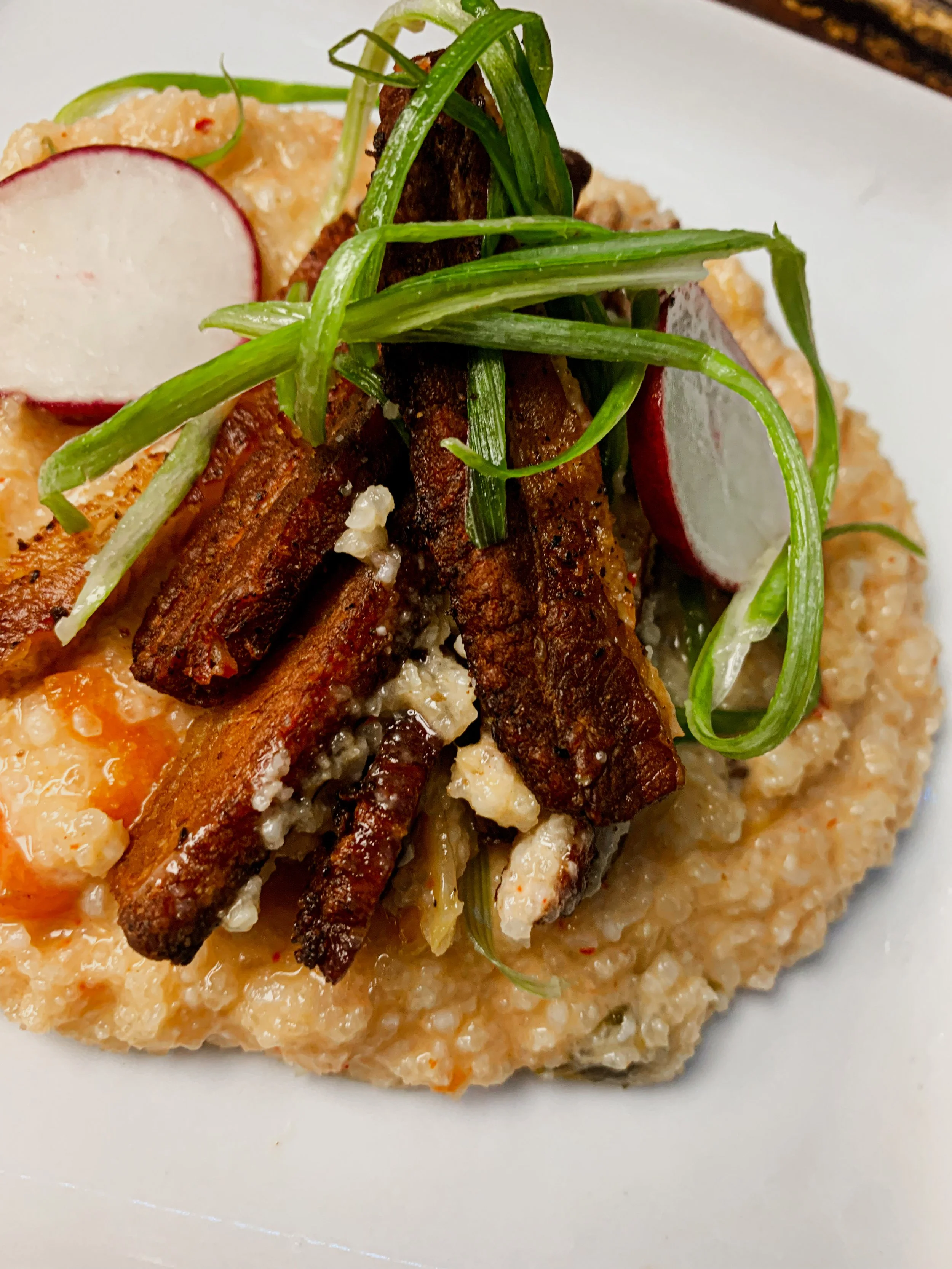 Kimchi Rice grits w/ Crispy Porkbelly