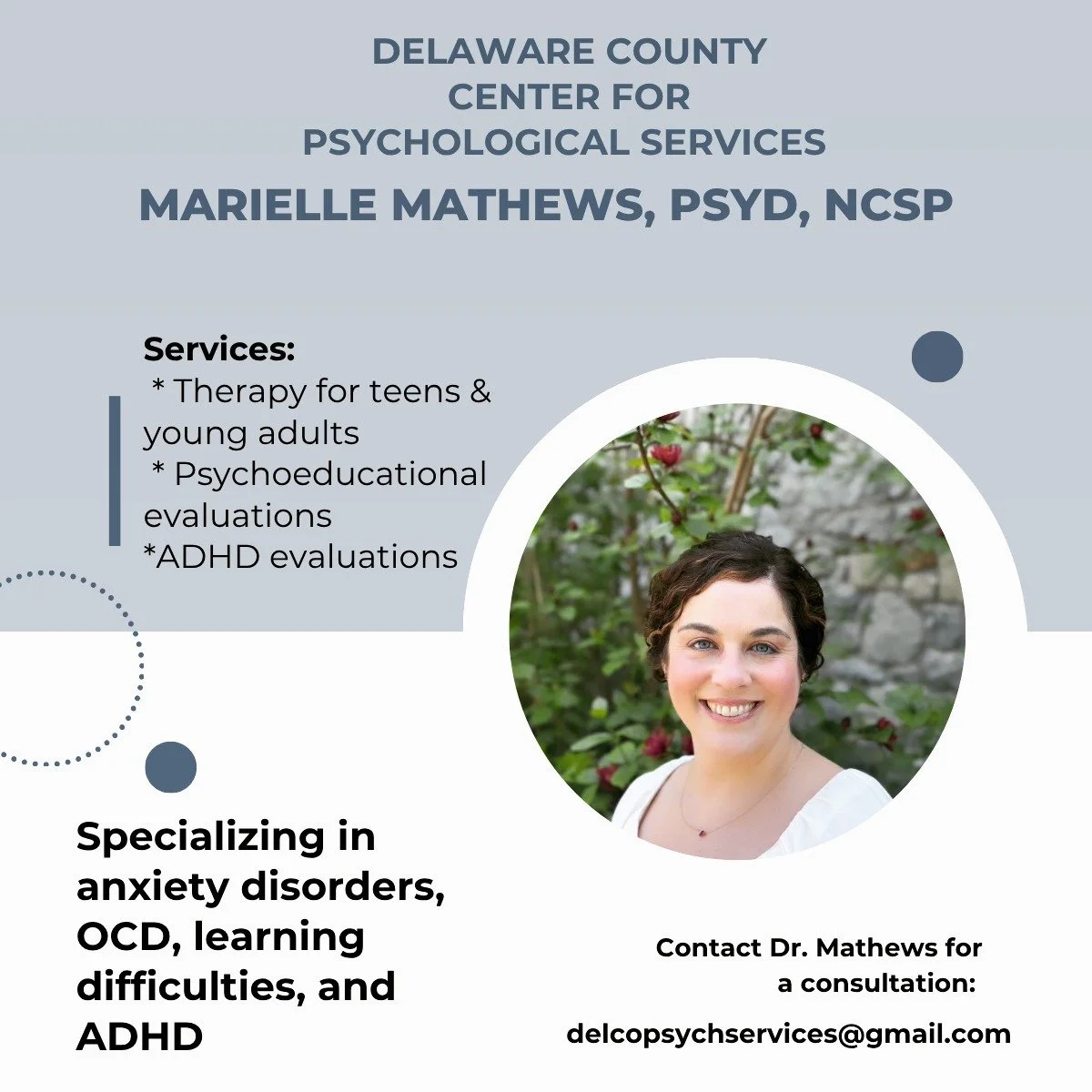 Are you looking for mental health care for your teen or young adult? 

Do you need a psychoeducational evaluation or psychological evaluation? 

I am a licensed psychologist and certified school psychologist with in-person offerings in Havertown, PA!