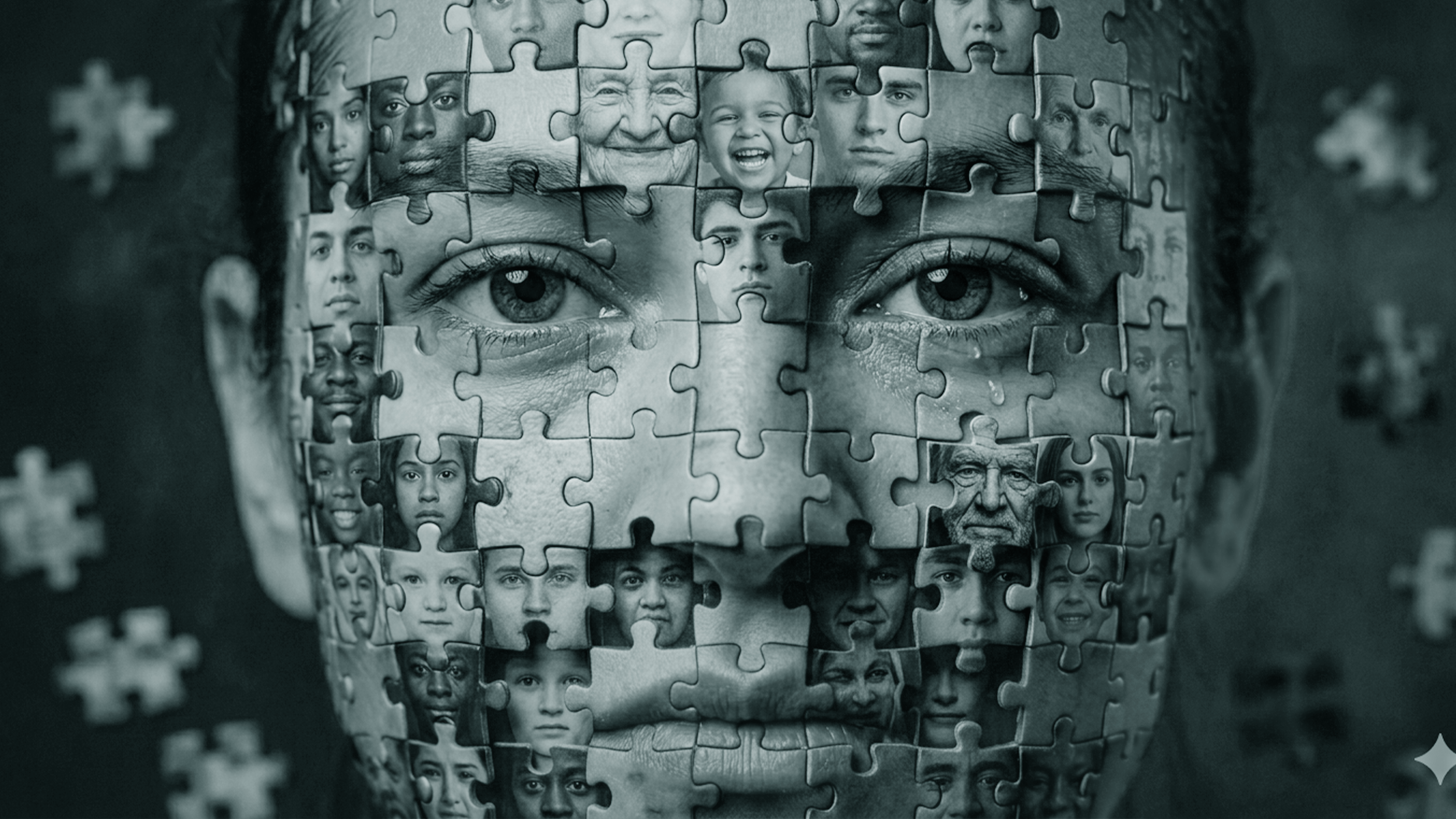 A photorealistic puzzle-piece face, each piece a unique portrait, with red side-lighting.