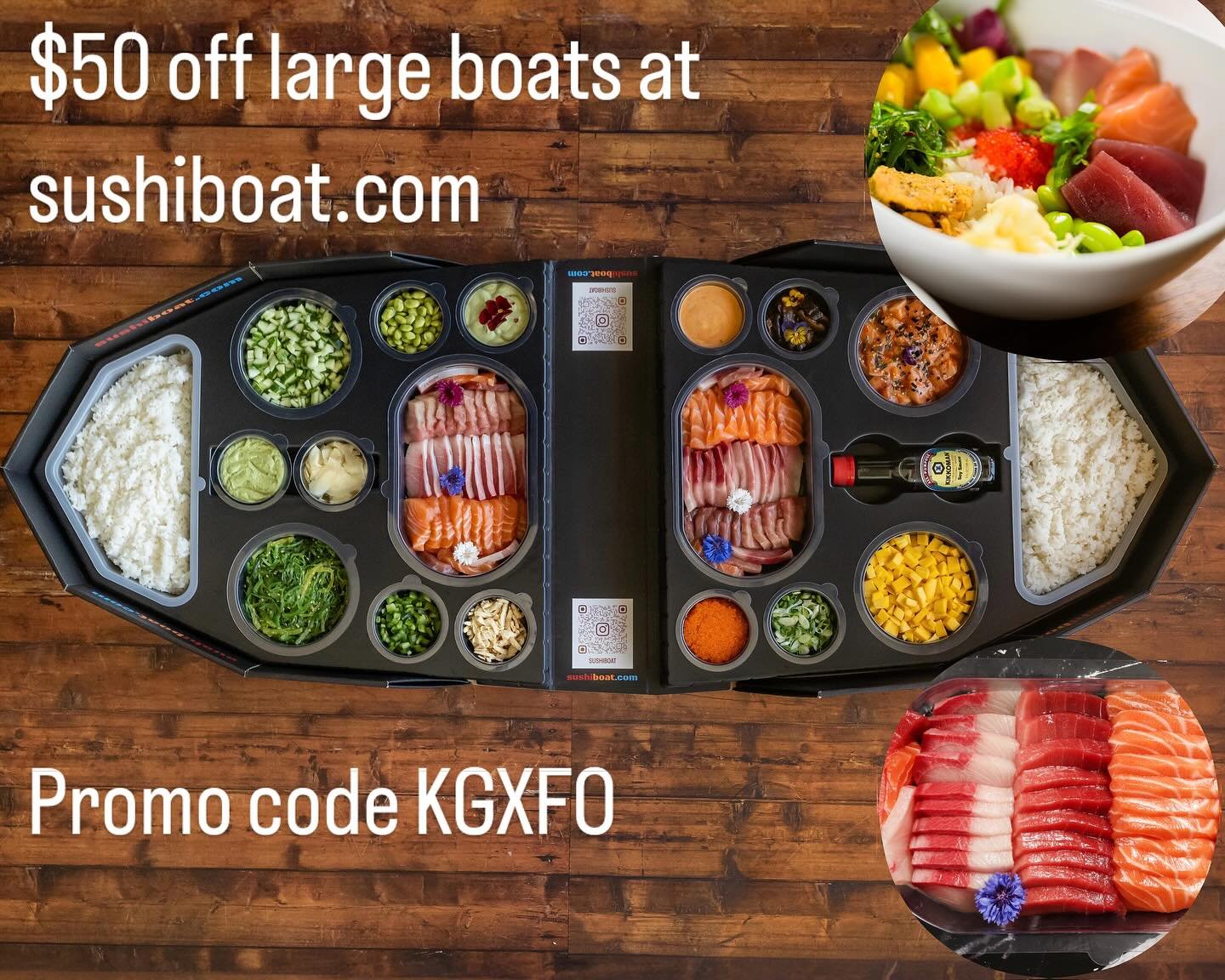 Promo Friday! $50 off large boats only at sushiboat.com.  We will even count it if you want to order today but schedule it (pickup or delivery) for tomorrow! #sushiboatsquad