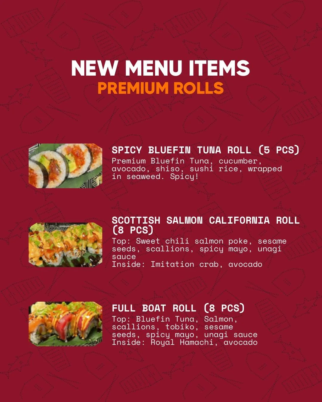 Our new menu is here&mdash;featuring premium rolls and fresh vegetarian options so everyone can find a favorite. At Sushi Boat in Sunnyvale, every roll is made with the freshest ingredients and unforgettable presentation. Stop by and discover your ne