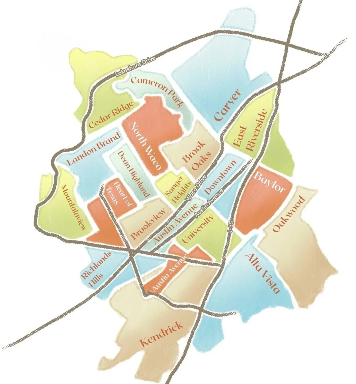 A custom map of the neighborhoods of Waco.