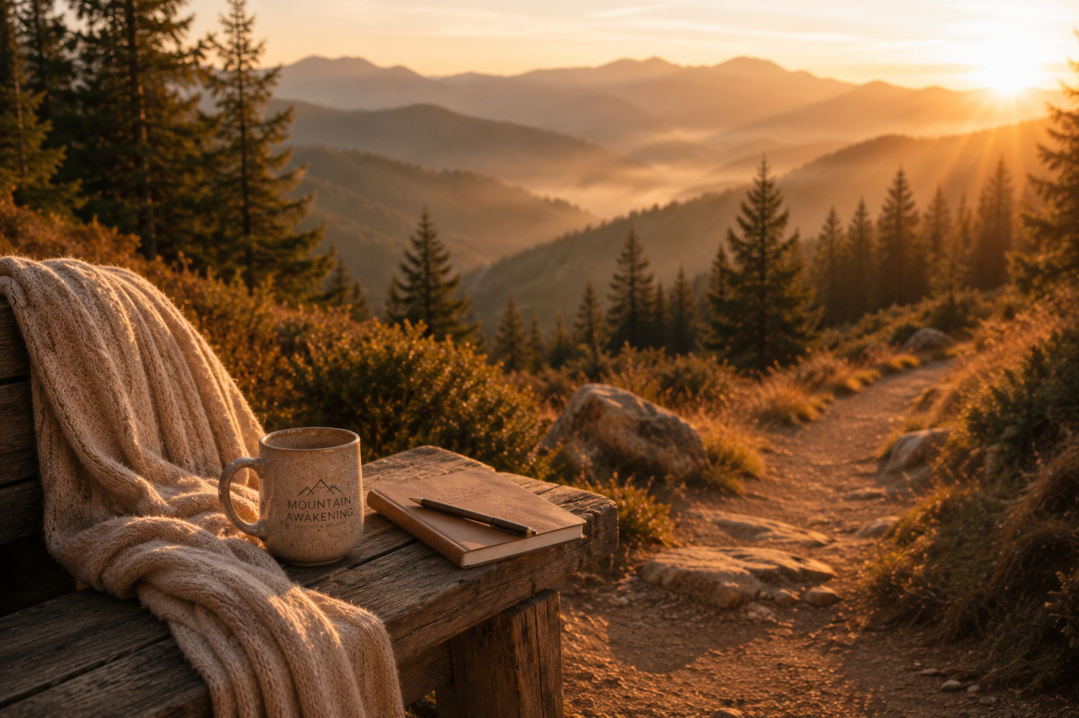 Peaceful mountain trail at sunrise with journal and coffee, representing reflection, clarity, and intentional wellness.