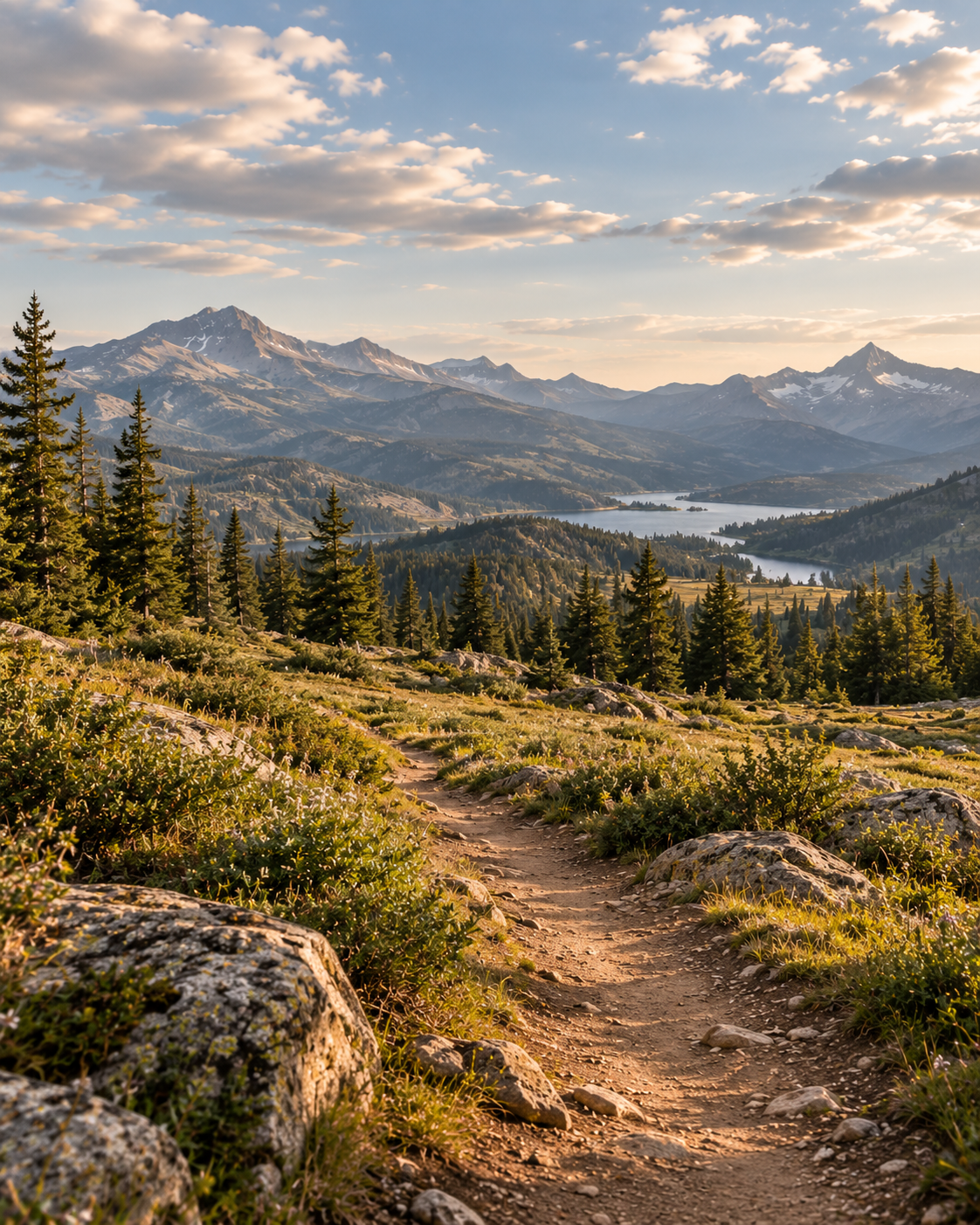 A mountain trail crossing an open alpine landscape toward a range of distant peaks beneath a softly clouded sky.
