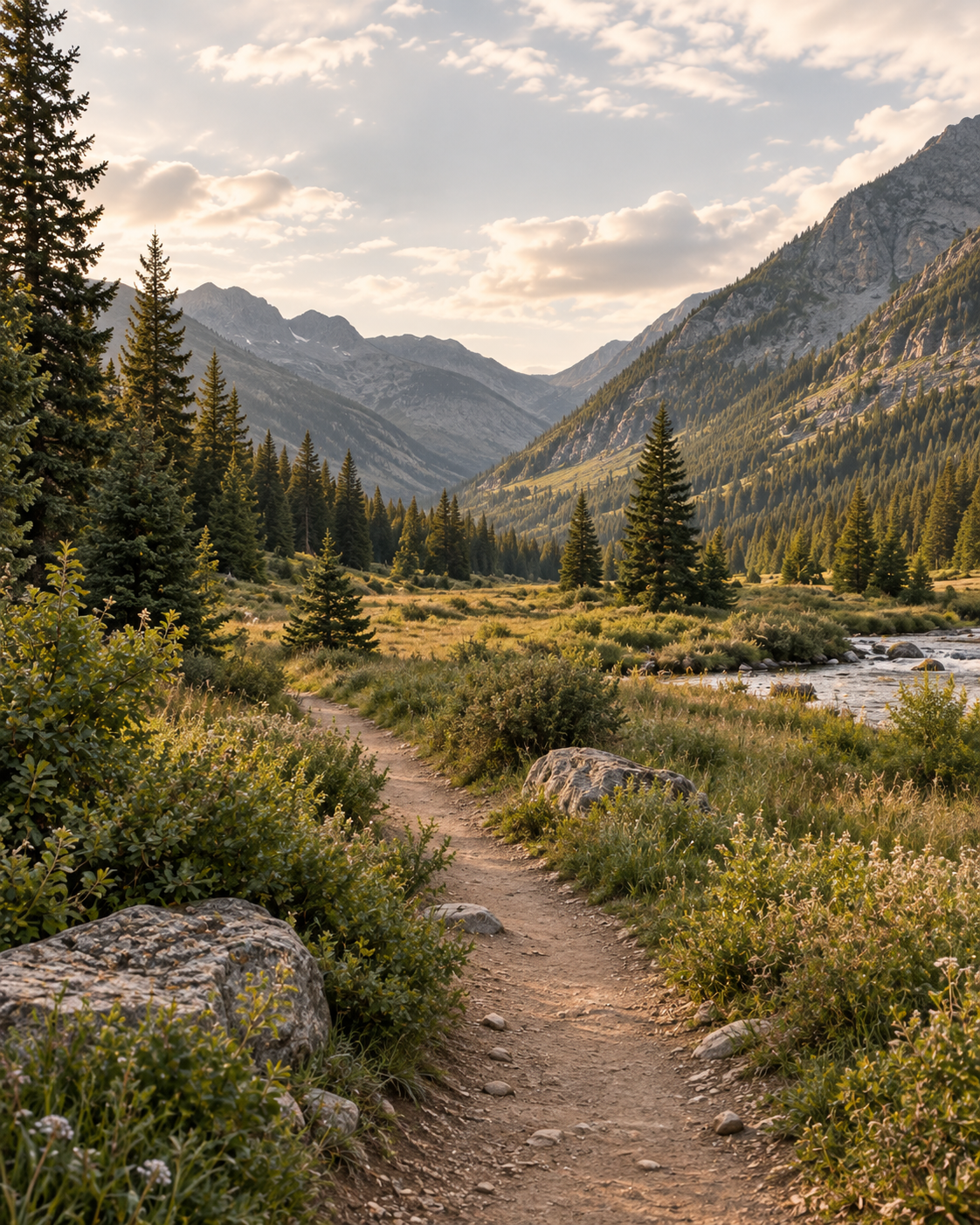 A peaceful mountain valley with a natural trail winding through evergreen trees and native vegetation beneath surrounding mountain slopes.