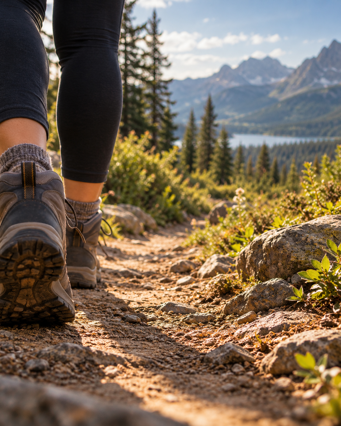 A hiker taking a step along a natural mountain trail, with evergreen forest and distant mountains ahead.