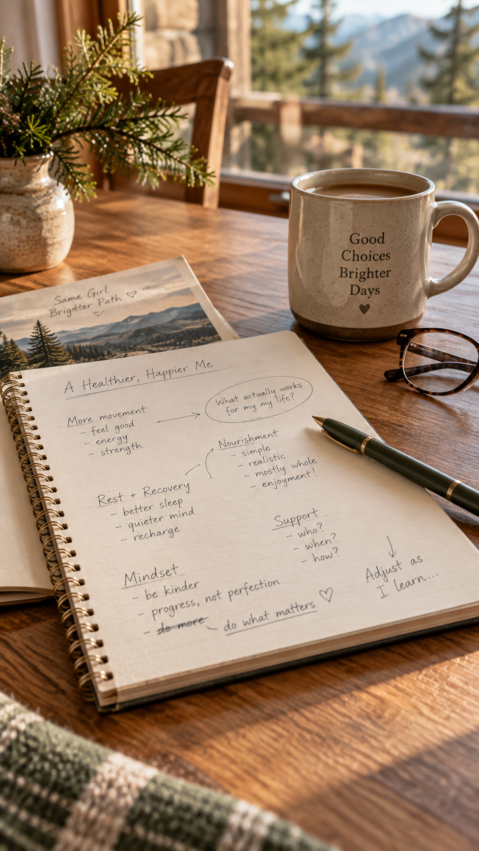 Open notebook with handwritten notes on a table overlooking the mountains.