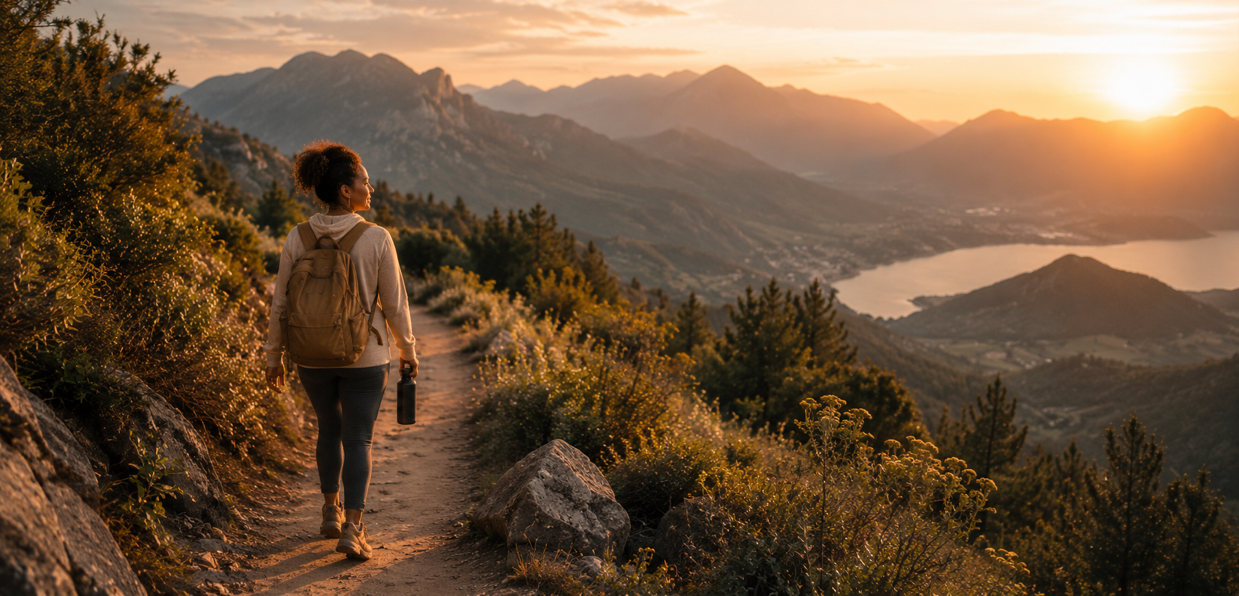 Woman hiking along a mountain trail overlooking a valley and lake at sunset.