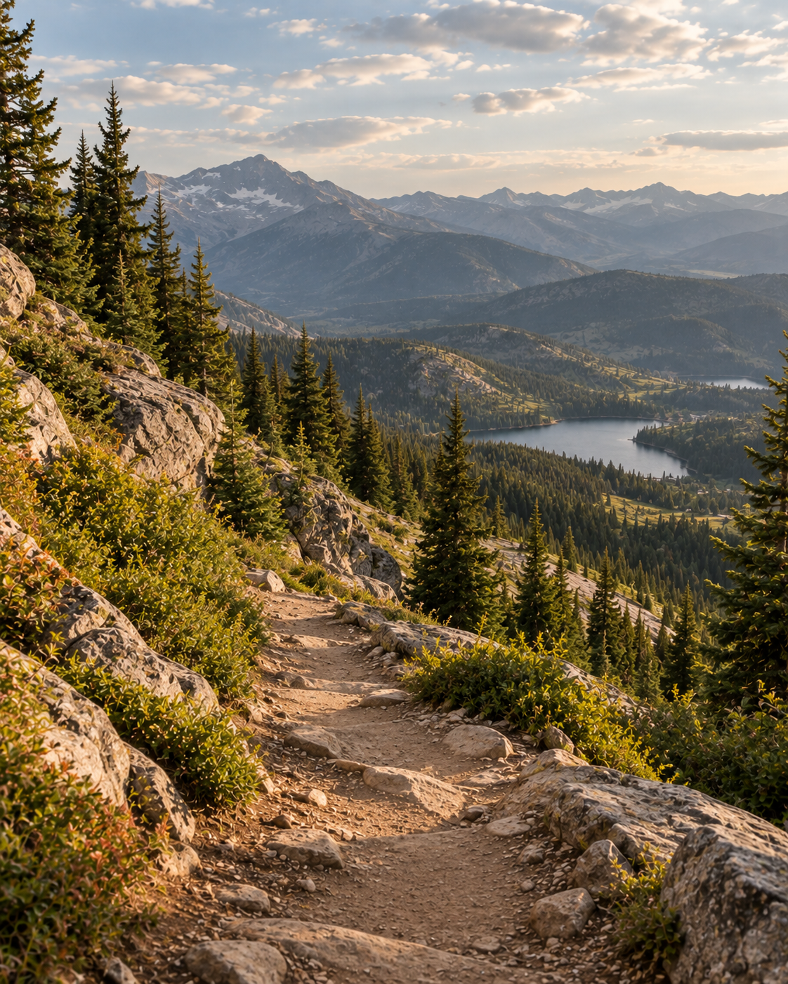 A natural mountain trail descending gently along a forested slope, with a broad valley and distant mountains visible below.