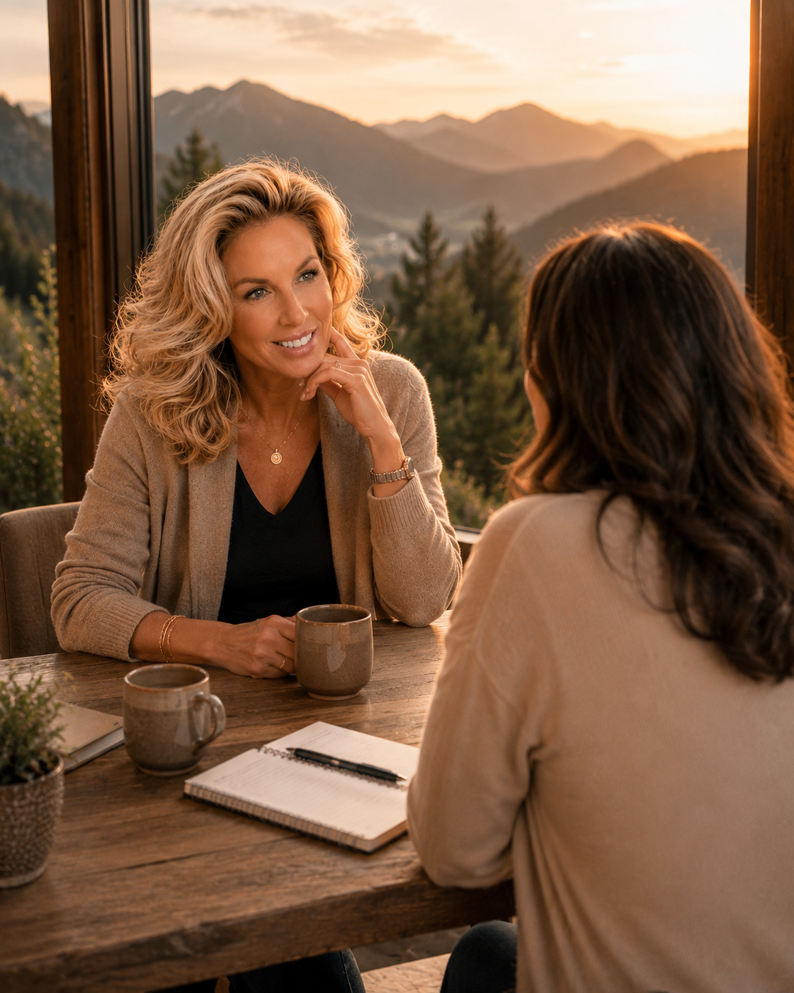Michelle Farkas in a one-on-one coaching conversation with a woman at a table overlooking the mountains.