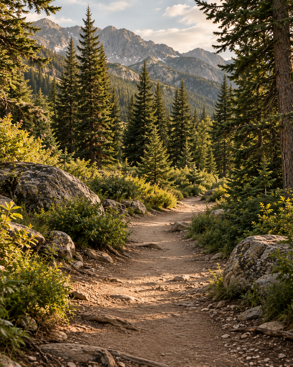 A natural mountain trail beginning among evergreen trees and rocky terrain, with mountains visible through the forest ahead.