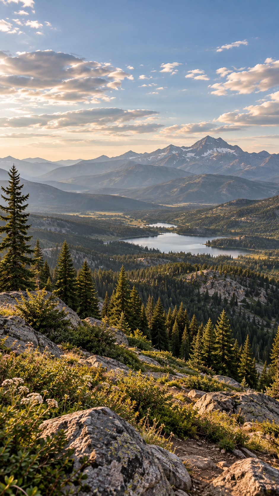 Expansive mountain landscape viewed from a high ridge, with evergreen forest and a lake in the valley below.