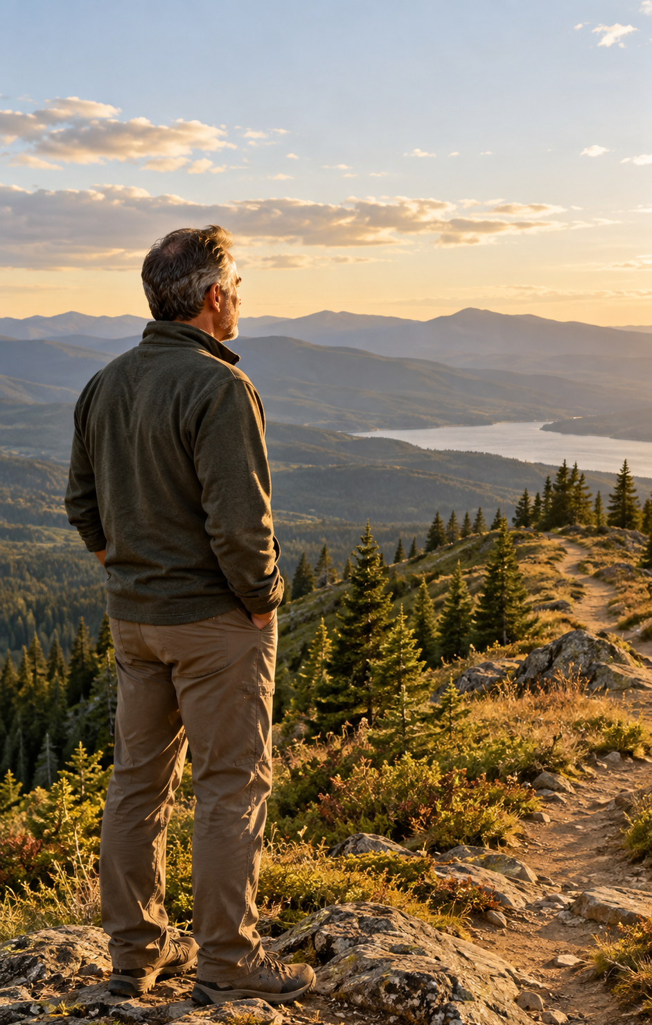 Midlife man standing on a mountain overlook with evergreen forests and distant peaks.
