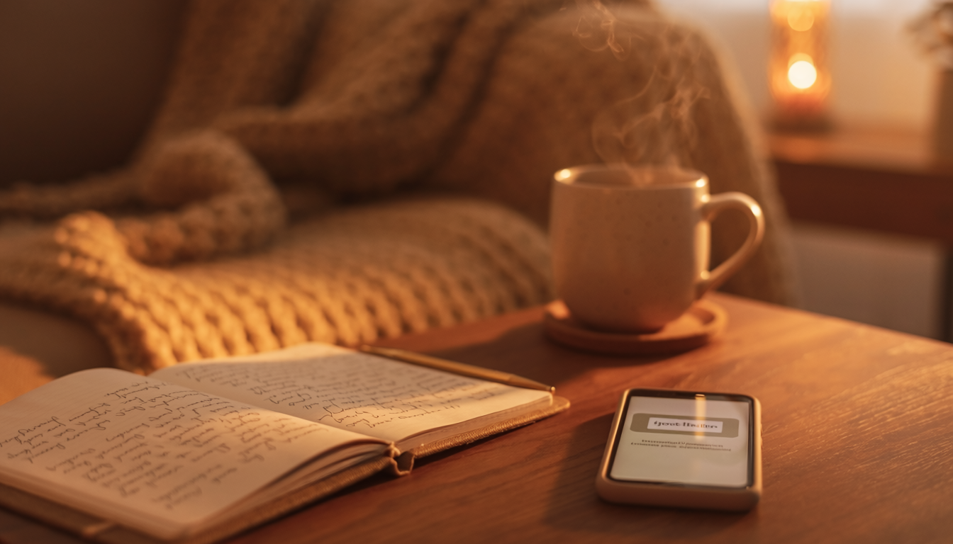 Cozy evening scene with journal, tea, soft blanket, and phone on a wooden table in warm ambient light, representing supportive check-ins and guidance between sessions.