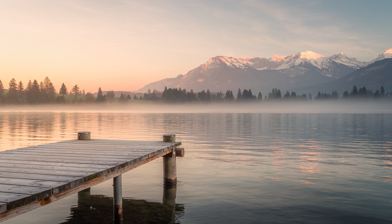 Calm lake at sunrise with soft mist and a wooden dock introducing a newsletter section about rest, stillness, and redefining what it means to reset.