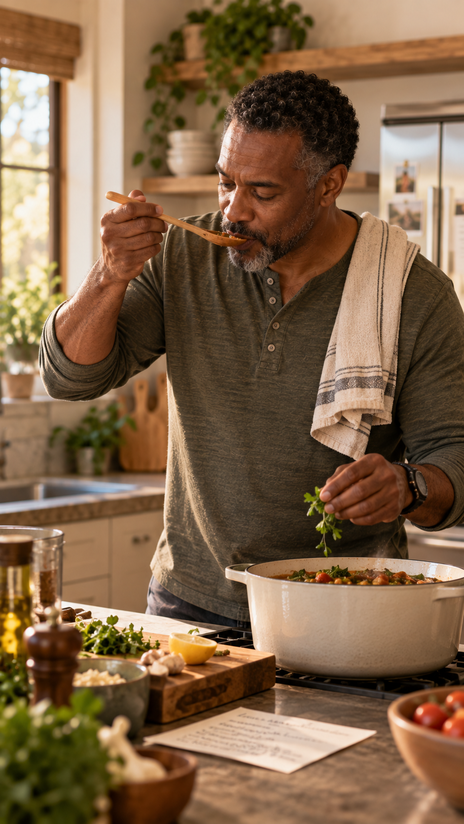Man preparing and tasting food in his kitchen.