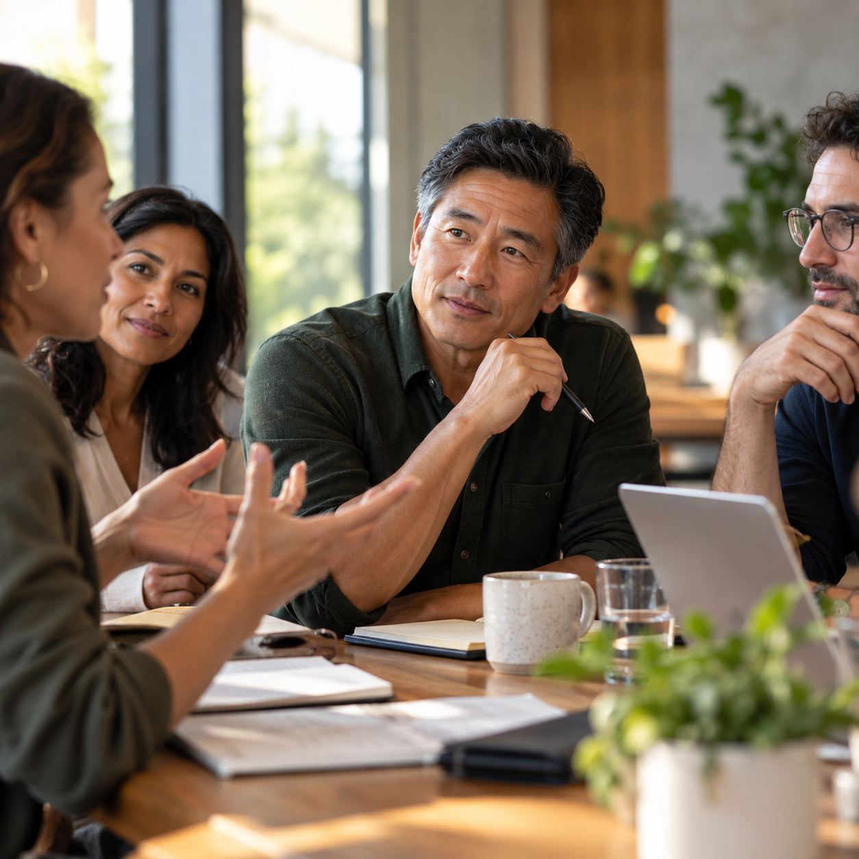 Man listening thoughtfully to a colleague during a workplace discussion.