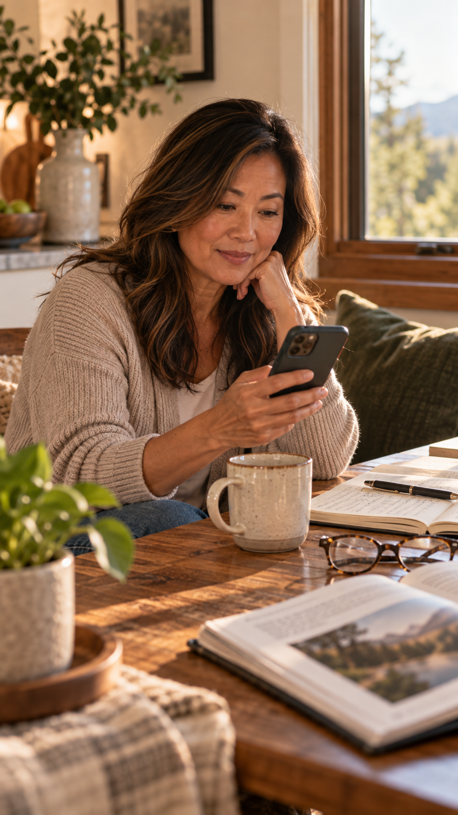 Woman looking at her phone while seated at a table with a cup of coffee.