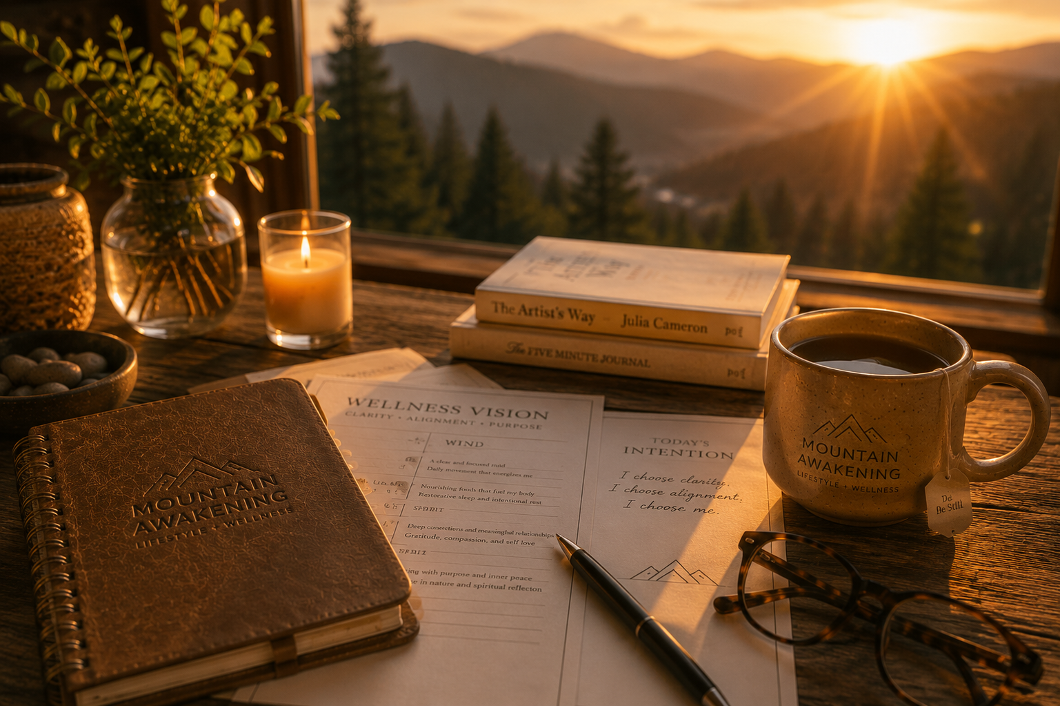Journal, books, coffee, and writing materials arranged beside a warm mountain view.