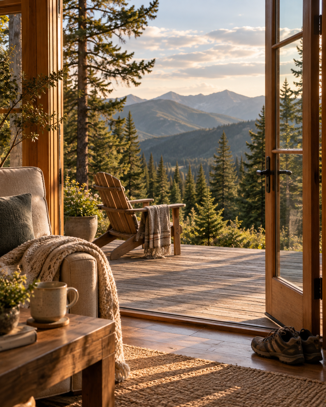 A warm mountain home interior opening onto a deck with evergreen trees and distant mountain views.