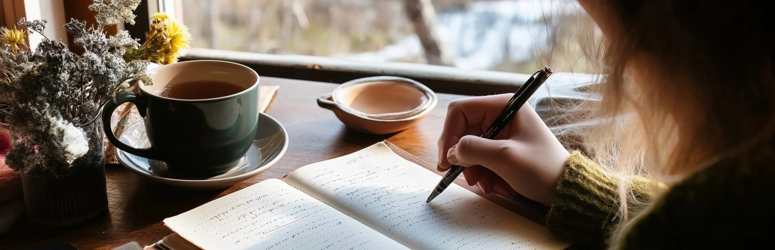 Close-up winter wellbeing scene of a woman journaling intentions, warm tea in a ceramic mug, evergreen branch beside an open notebook, natural light on a wooden table, evoking reflection, restorative calm, resilience, & intentional year-end wellness
